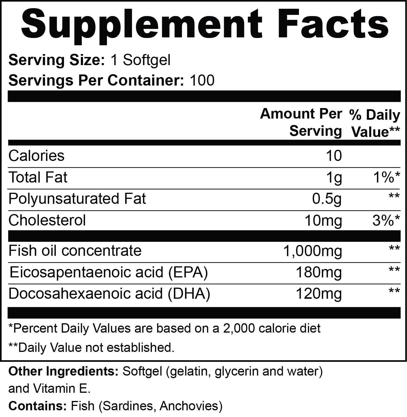 Supplement facts label for Beau Wellness Omega-3 Fish Oil softgels with 180mg EPA and 120mg DHA for heart, brain, and cholesterol support with detailed nutritional information.