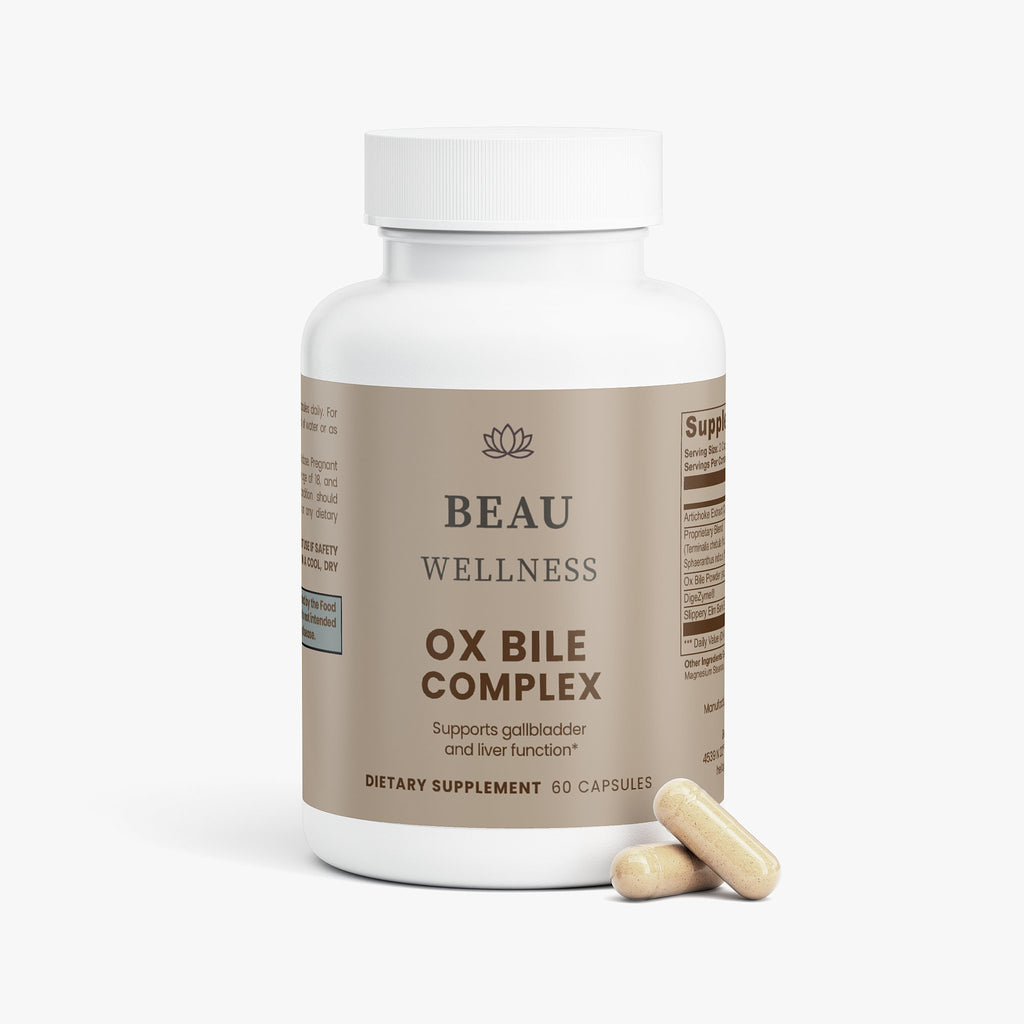 Bottle of Beau Wellness Ox Bile Complex capsules with DigeZyme and Artichoke Extract for healthy fat digestion and gallbladder support on white background.