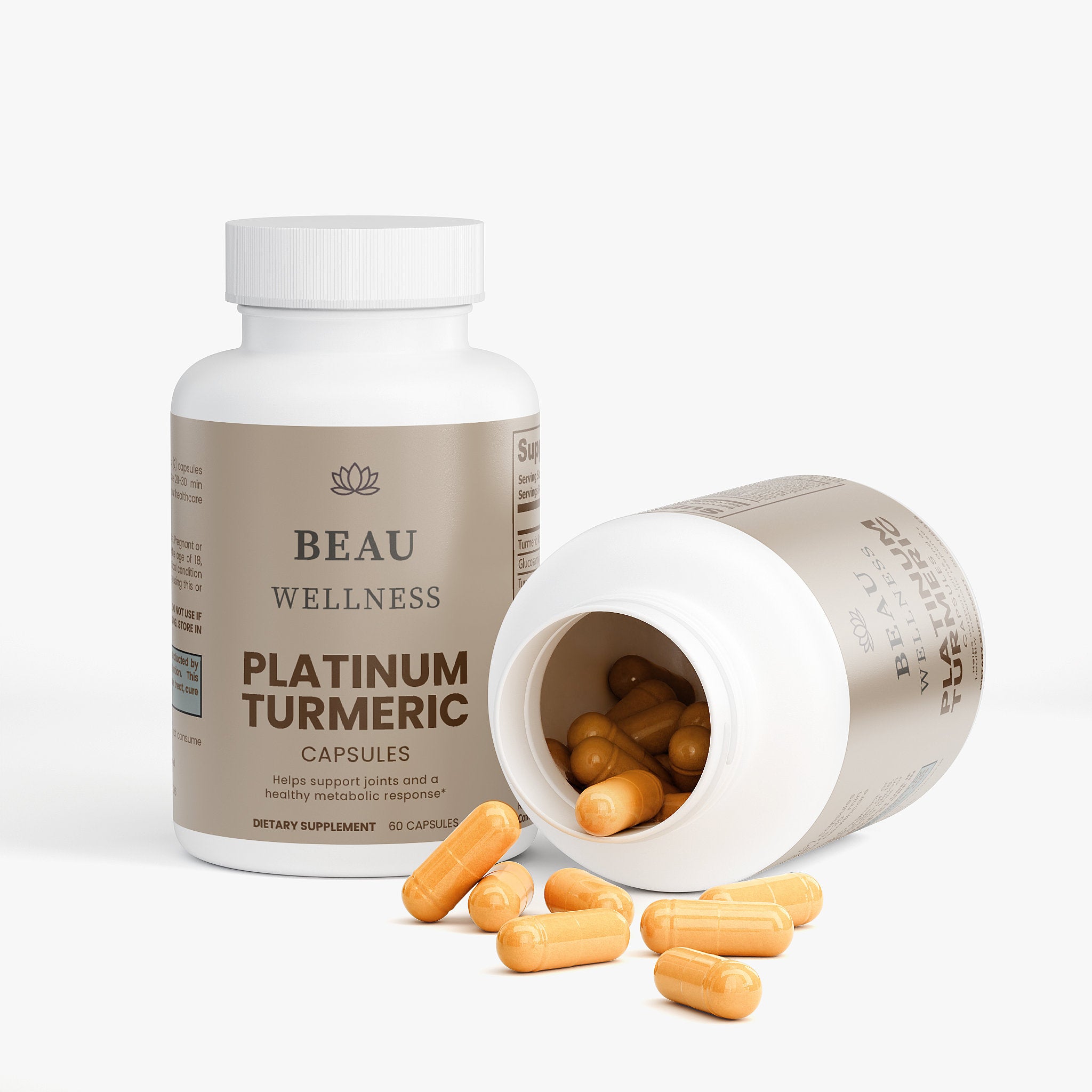 Two bottles of Beau Wellness Platinum Turmeric Capsules with Glucosamine and Chondroitin for Joint Support⁠ on white background.