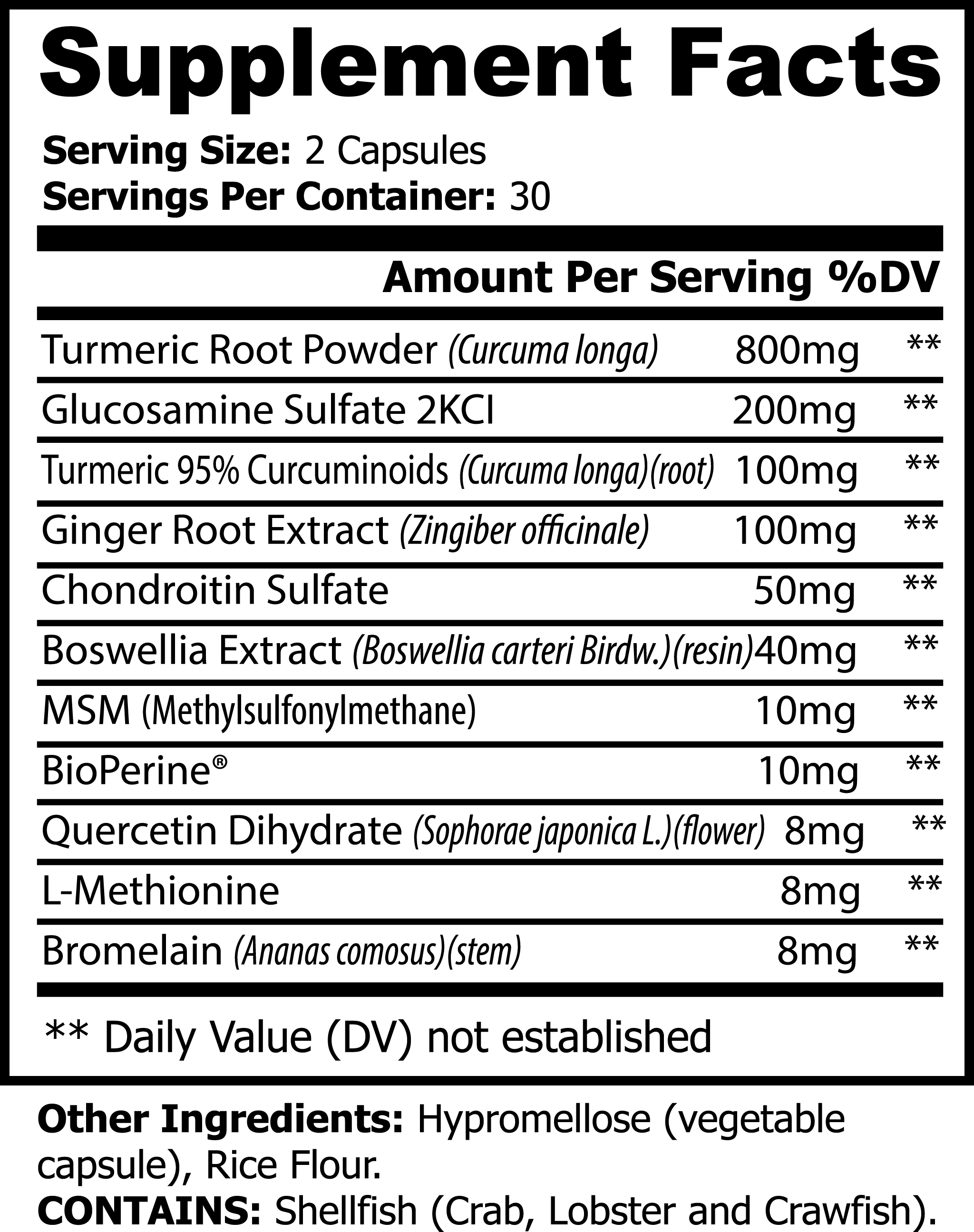 Nutrition facts label of Beau Wellness Platinum Turmeric Capsules with Glucosamine and Chondroitin for Joint Support⁠. 