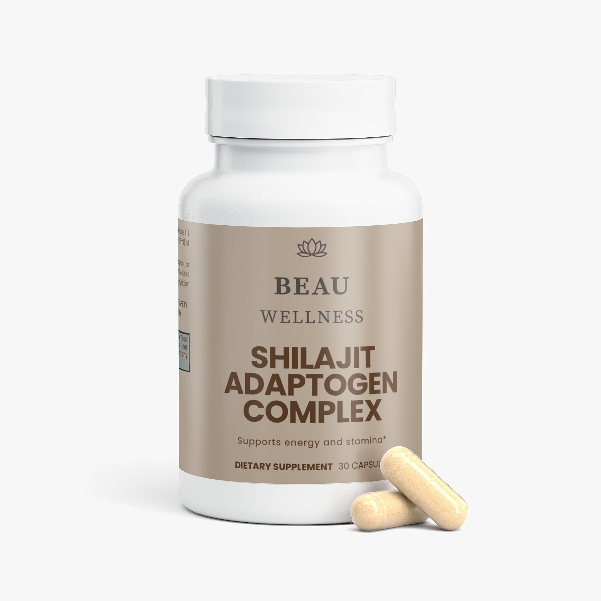 Beau Wellness Shilajit Adaptogen Complex Capsules with Ashwagandha and Tongkat Ali for Stamina⁠
 on a white background.