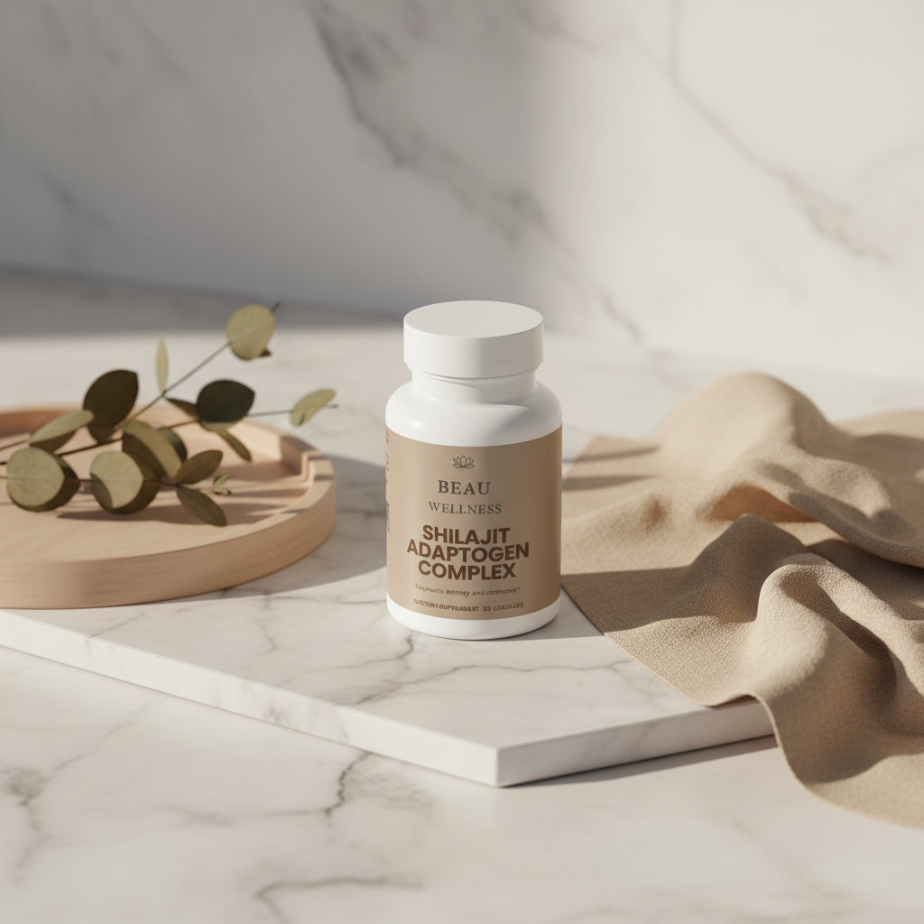 Three bottles of Beau Wellness Shilajit Adaptogen Complex Capsules with Ashwagandha and Tongkat Ali for Stamina⁠
 on a white background.