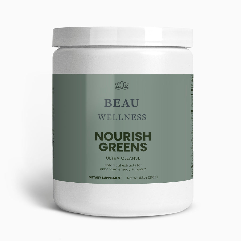 Beau Wellness Ultra Cleanse Nourish Greens powder with organic grasses, superfoods, adaptogens and enzymes for detox, daily energy and immune support – vegetarian, no fillers on white background.