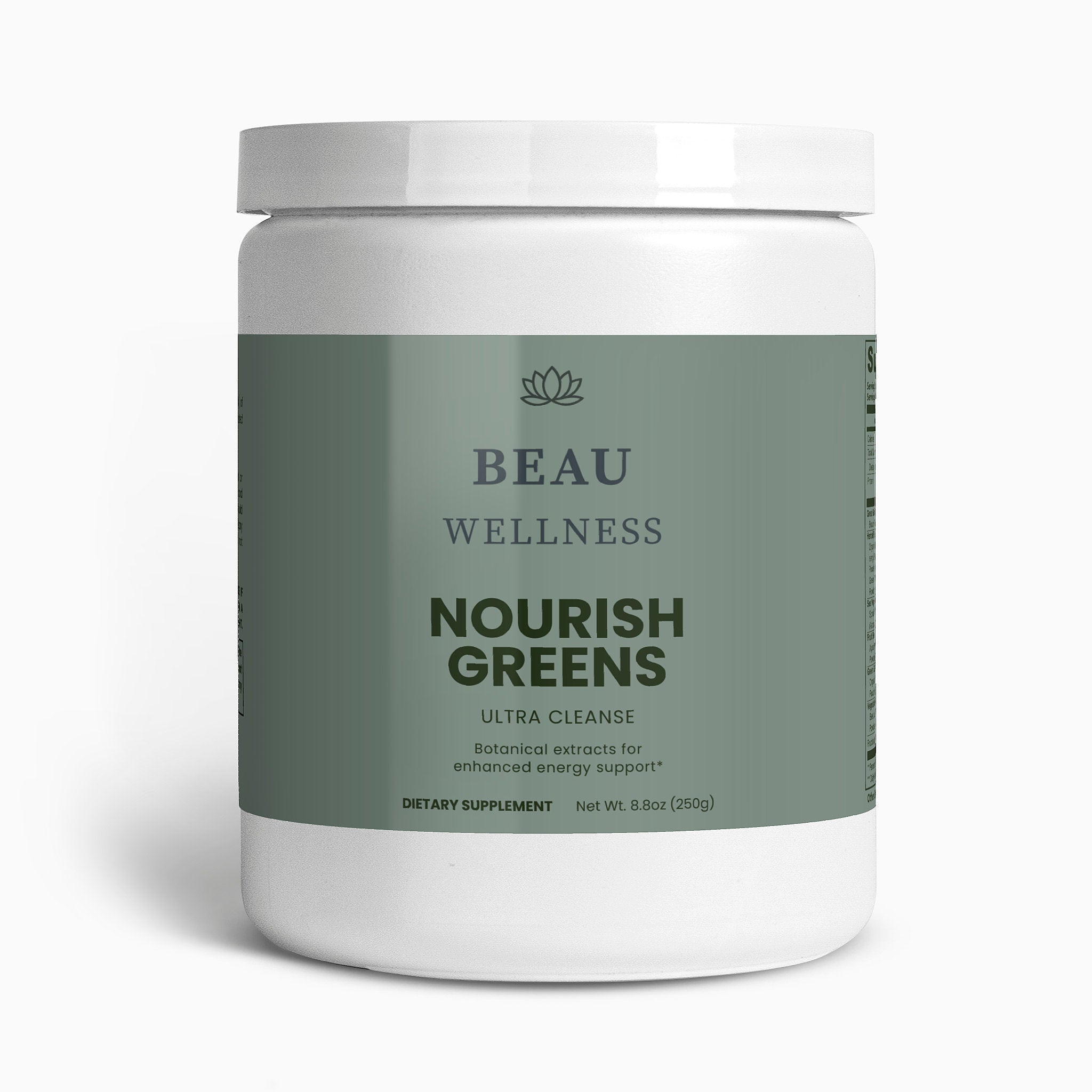 Beau Wellness Ultra Cleanse Nourish Greens powder with organic grasses, superfoods, adaptogens and enzymes for detox, daily energy and immune support – vegetarian, no fillers on white background.