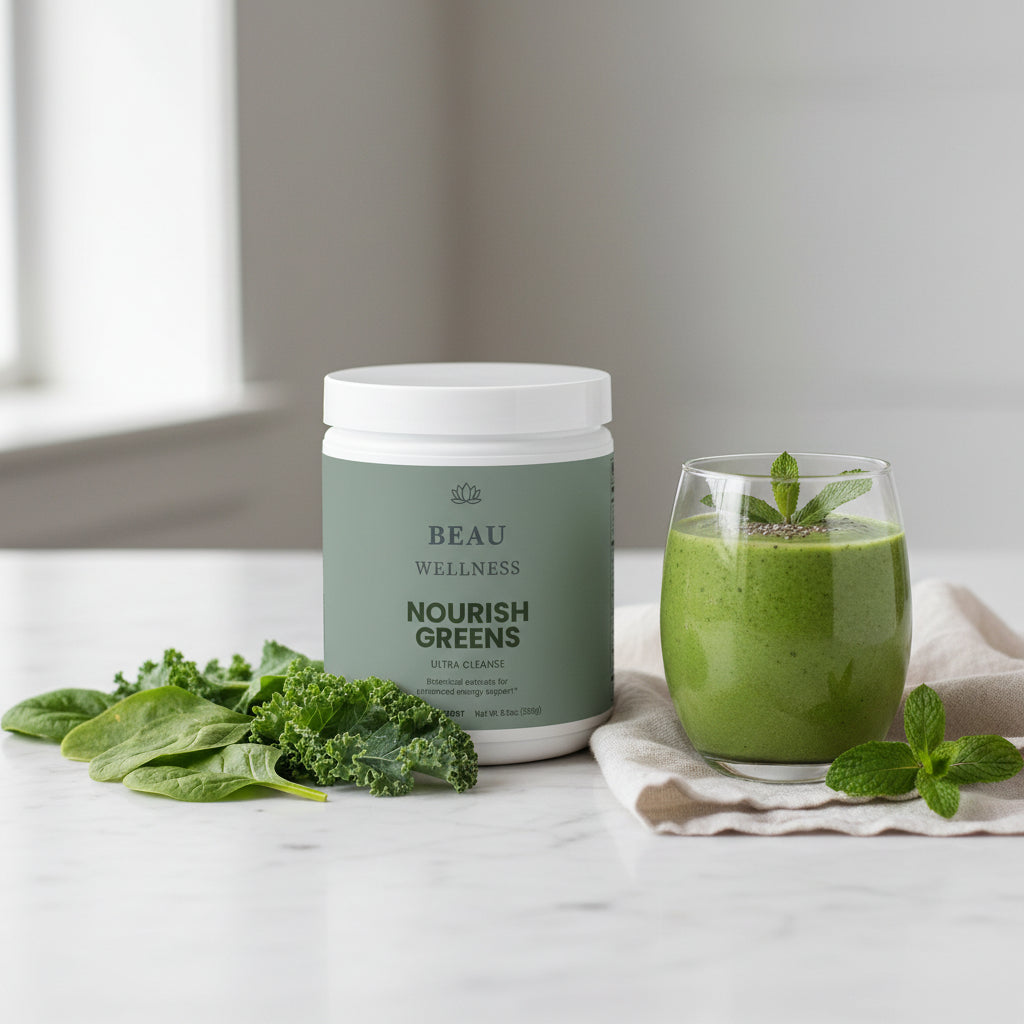 Beau Wellness Ultra Cleanse Nourish Greens powder with organic grasses, superfoods, adaptogens and enzymes for detox, daily energy and immune support – vegetarian, no fillers