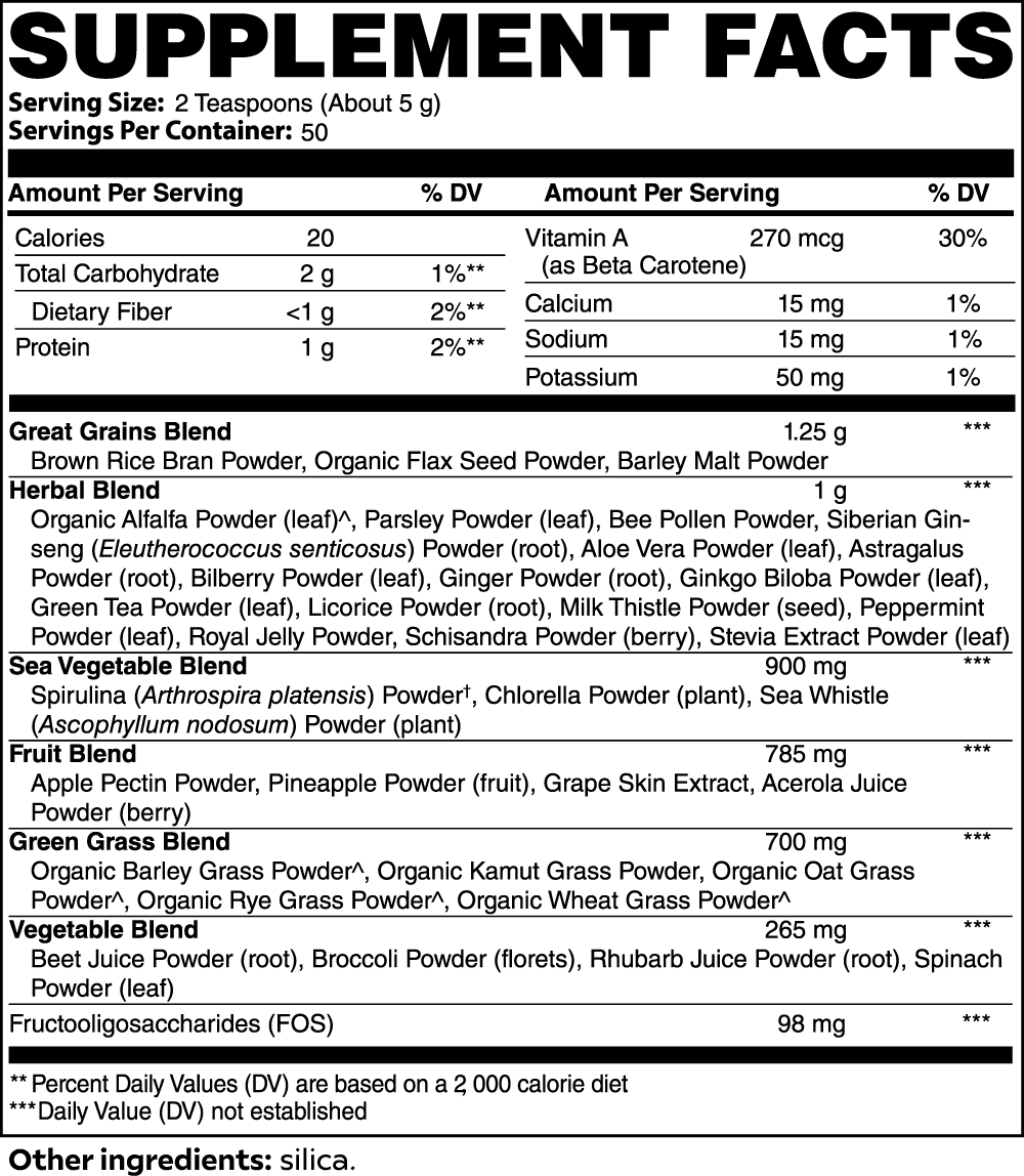 Beau Wellness Ultra Cleanse Nourish Greens powder with organic grasses, superfoods, adaptogens and enzymes for detox, daily energy and immune support – vegetarian, no fillers Nutrition Facts Label.