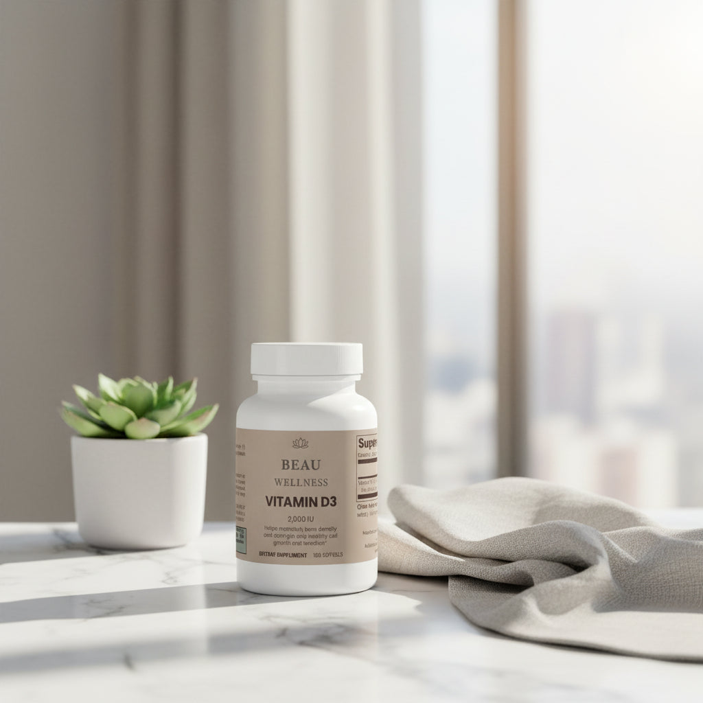 ⁠Beau Wellness Vitamin D3 2,000 IU Softgels for Bone and Immune Support⁠ bottle on white background.