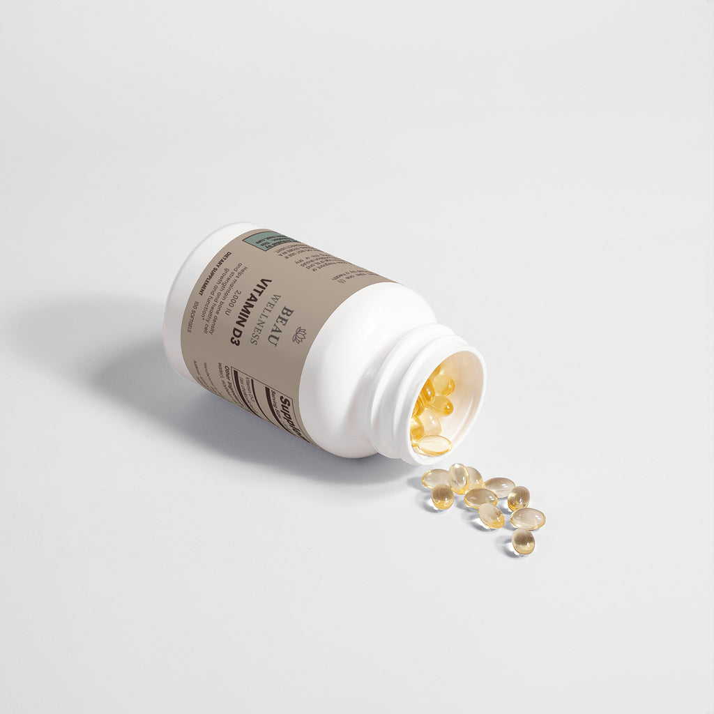 ⁠Beau Wellness Vitamin D3 2,000 IU Softgels for Bone and Immune Support⁠ bottle on white background.