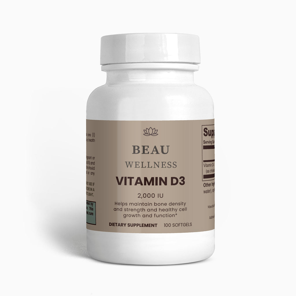 ⁠Beau Wellness Vitamin D3 2,000 IU Softgels for Bone and Immune Support⁠ bottle on white background.