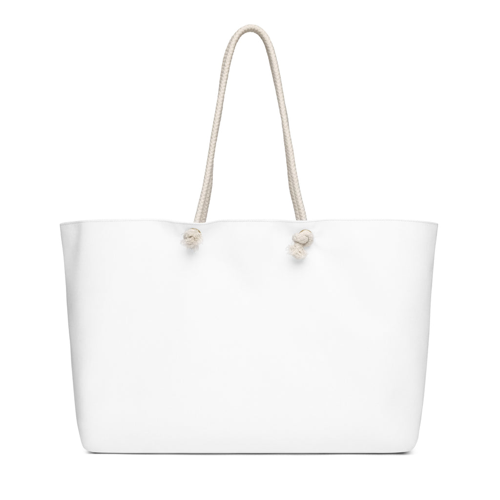 The back plain side  of the White oversized travel weekender tote bag featuring the Beau House Collective lotus logo design and durable cotton rope handles, shown on a clean studio background.⁠