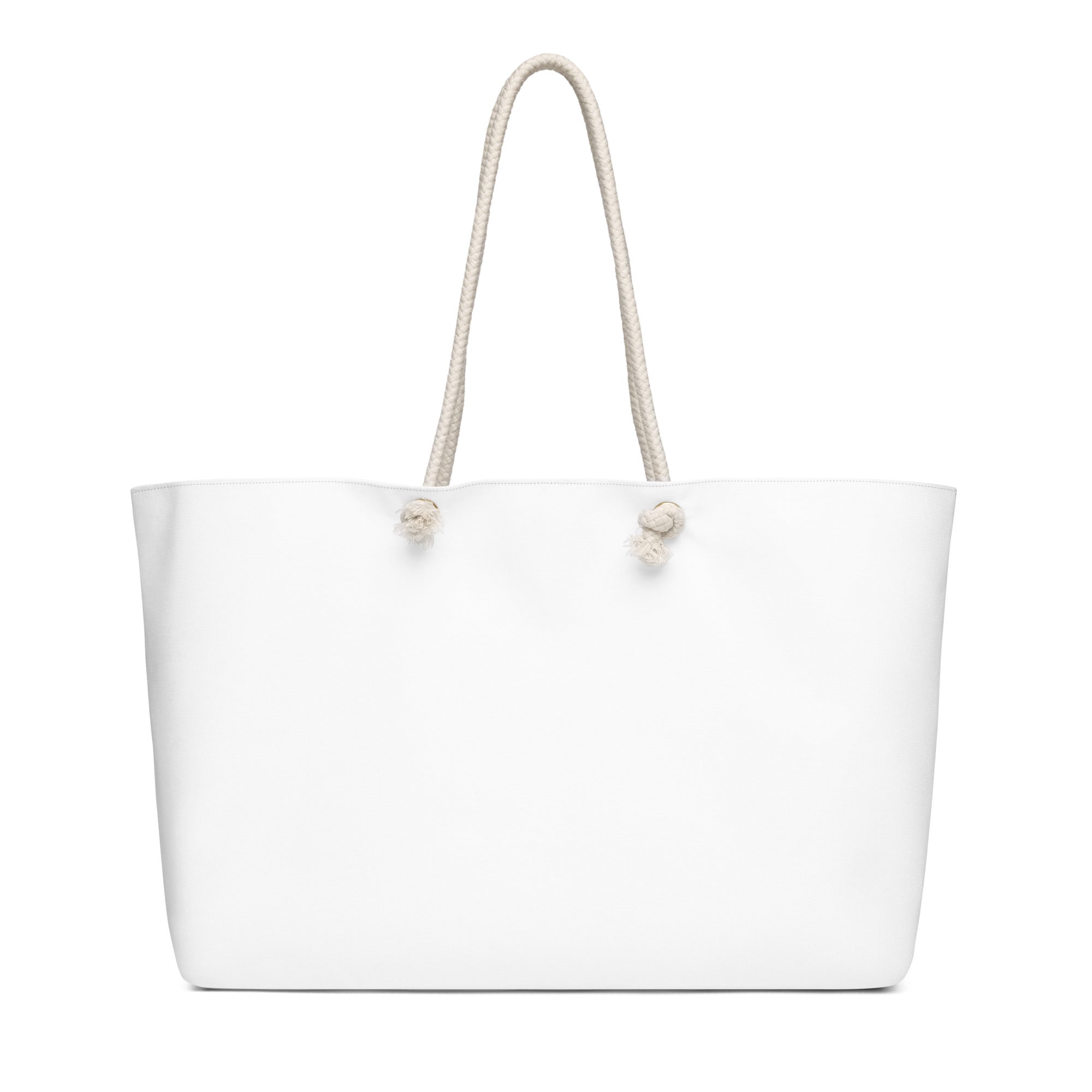 The back plain side  of the White oversized travel weekender tote bag featuring the Beau House Collective lotus logo design and durable cotton rope handles, shown on a clean studio background.⁠