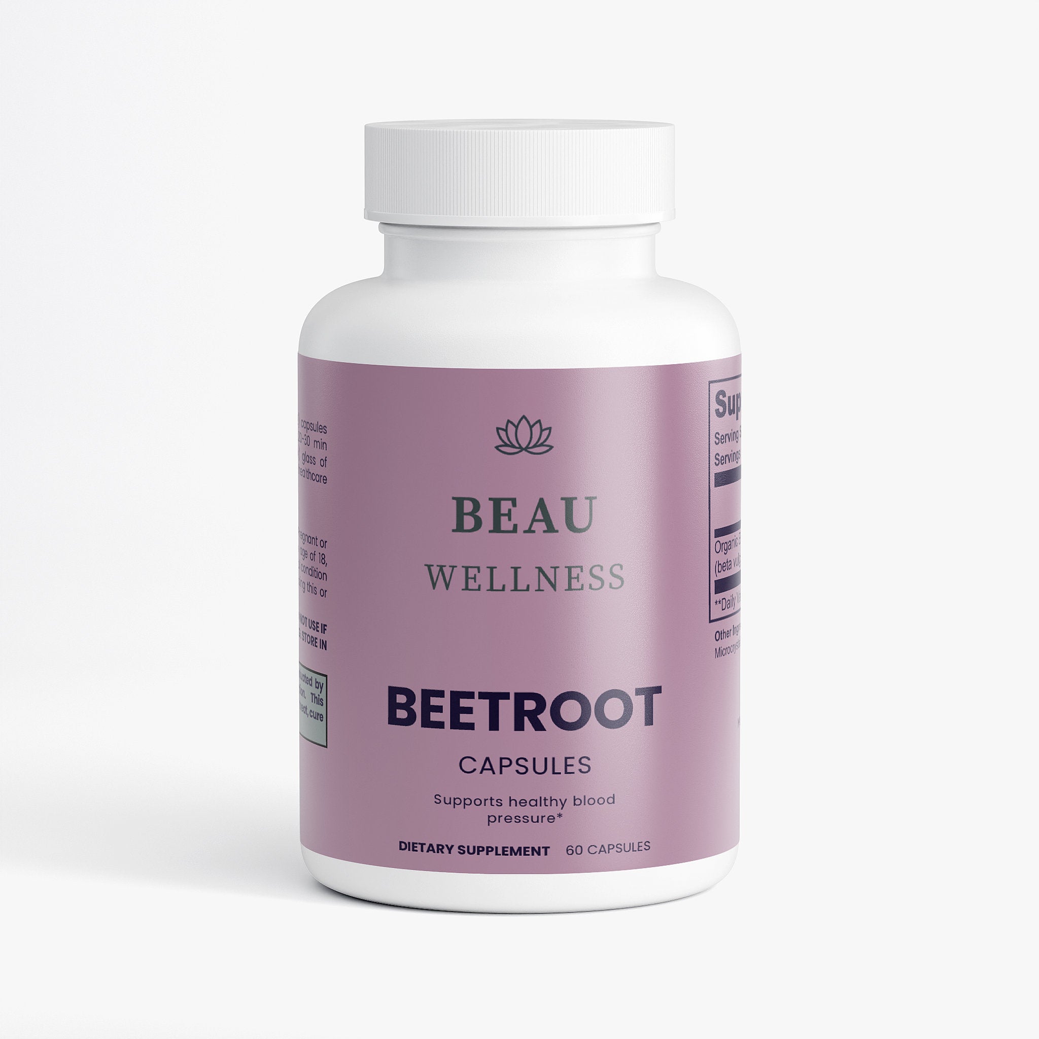 Beau Wellness Organic Beet Root Capsules 1300mg for cardiovascular health, natural nitric oxide booster, blood flow, and athletic endurance support."