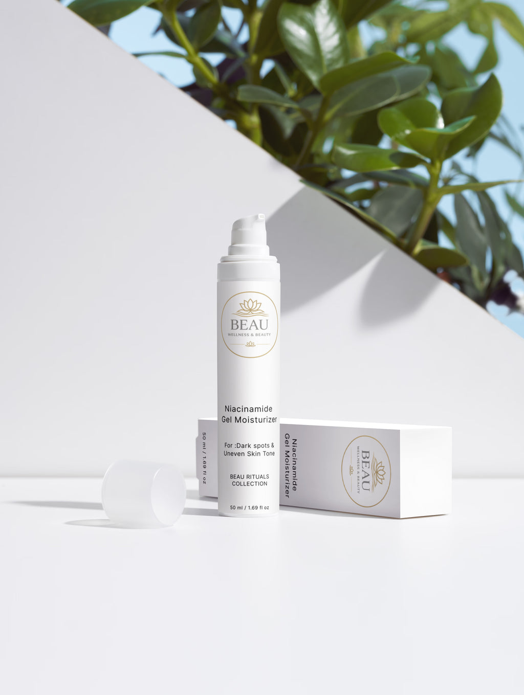 Beau Wellness & beauty Niacinamide Gel Moisturizer of background half white half blue sky with tree leaves.