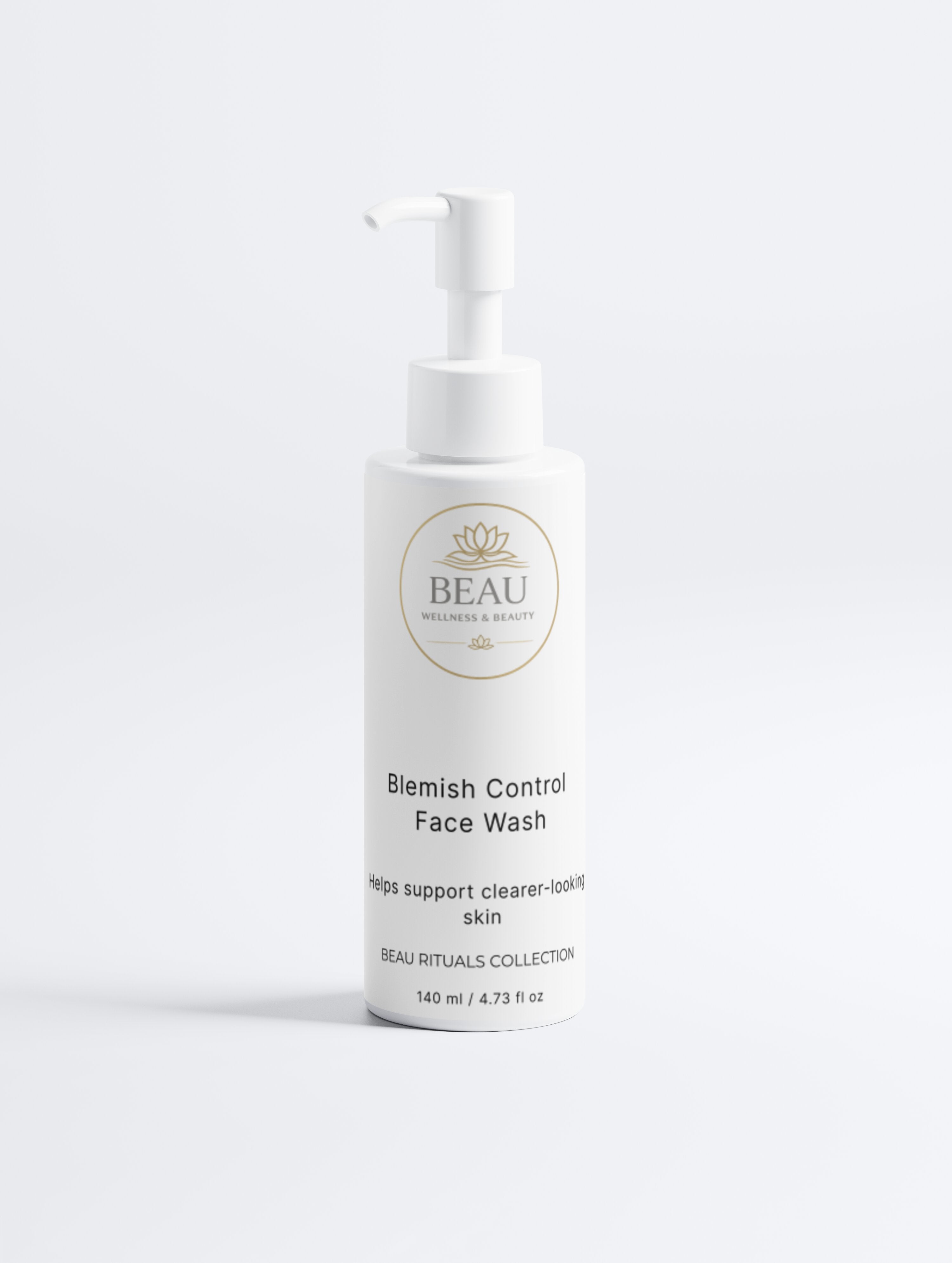 Beau House Collective Blemish Control Face Wash pump bottle with Beau Wellness & Beauty logo– Purifying cleanser with Mate Leaf and Iceland Moss for a balanced complexion.