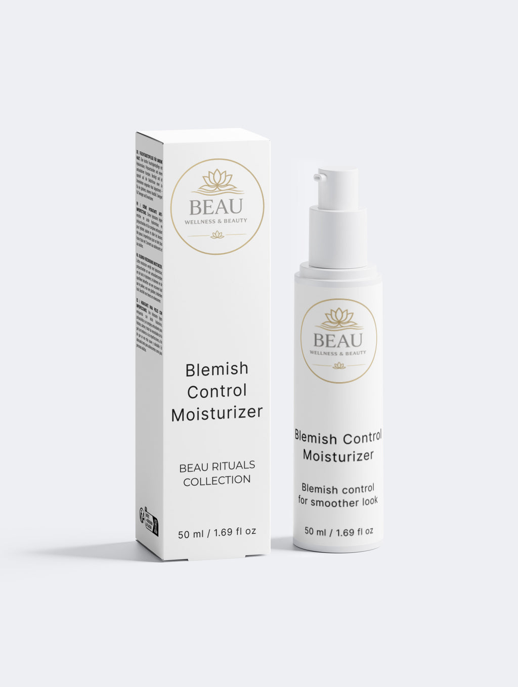 Blemish Control Moisturizer for clear skin with Iceland moss and Mate Leaf bottle and packaging with Beau Wellness & Beauty logo on a white background