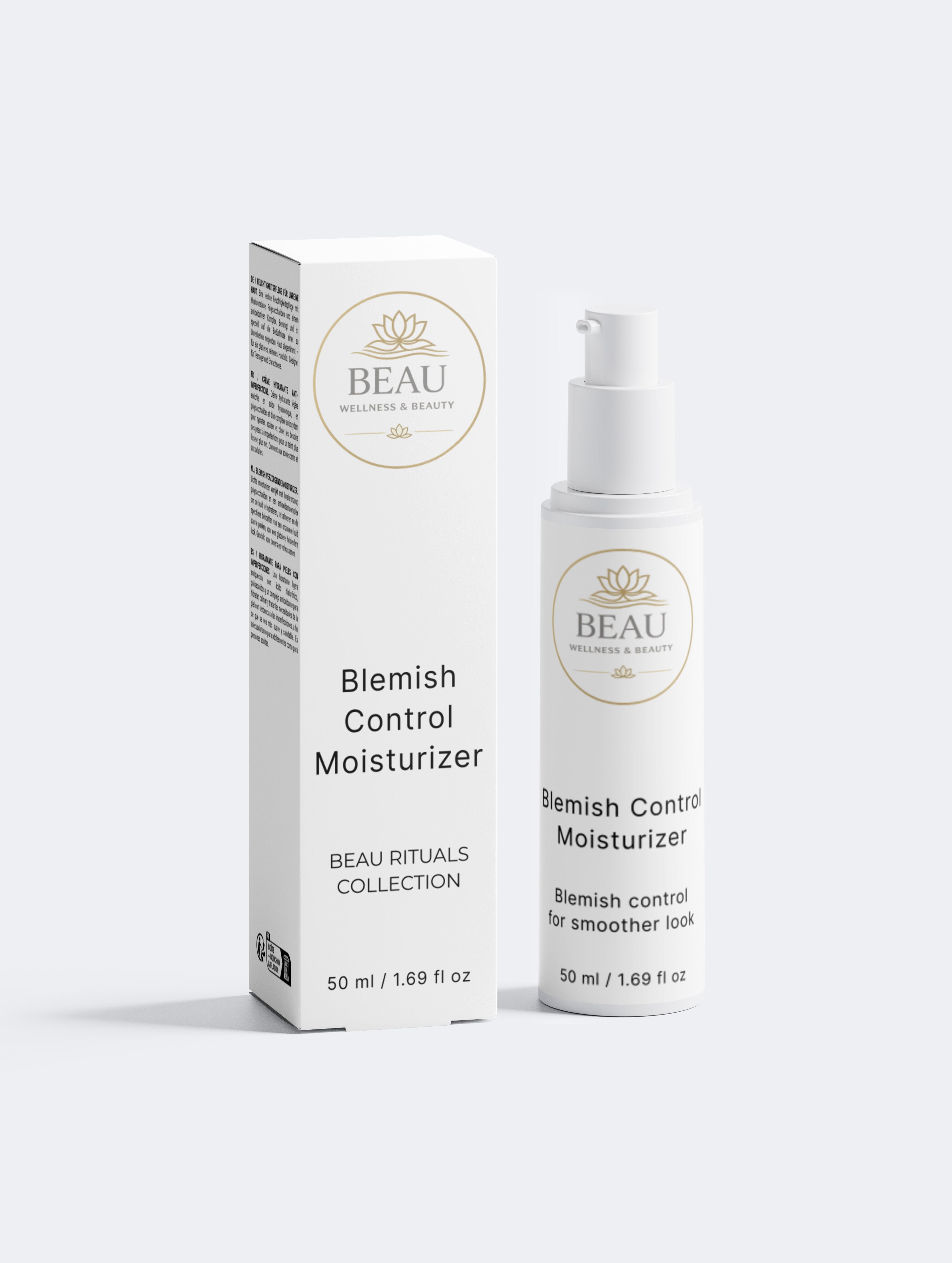 Blemish Control Moisturizer for clear skin with Iceland moss and Mate Leaf bottle and packaging with Beau Wellness & Beauty logo on a white background