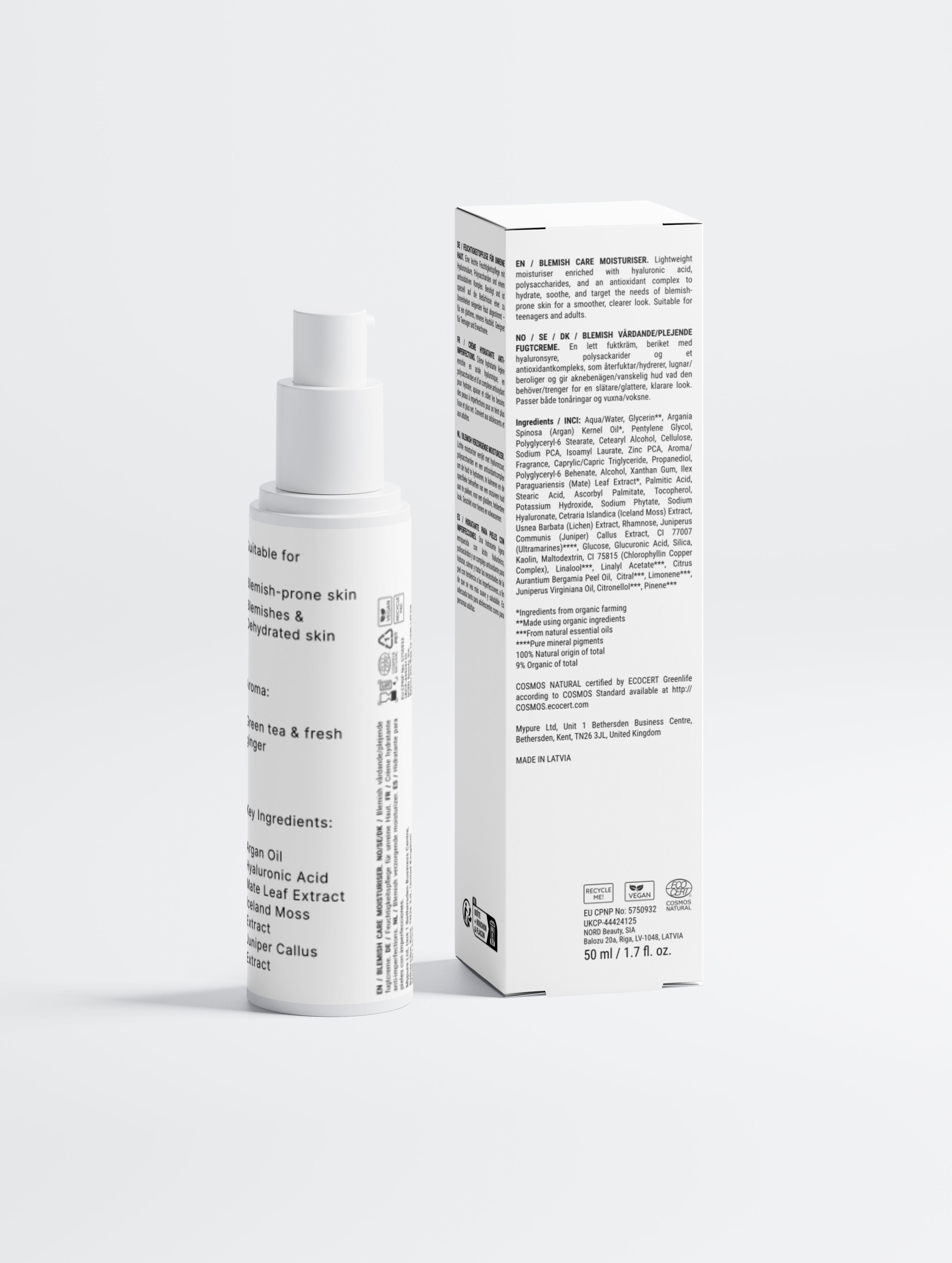 Beau Wellness & Beauty Blemish Control Moisturizer bottle and packaging – Lightweight balancing face cream with Mate Leaf and Iceland Moss.
