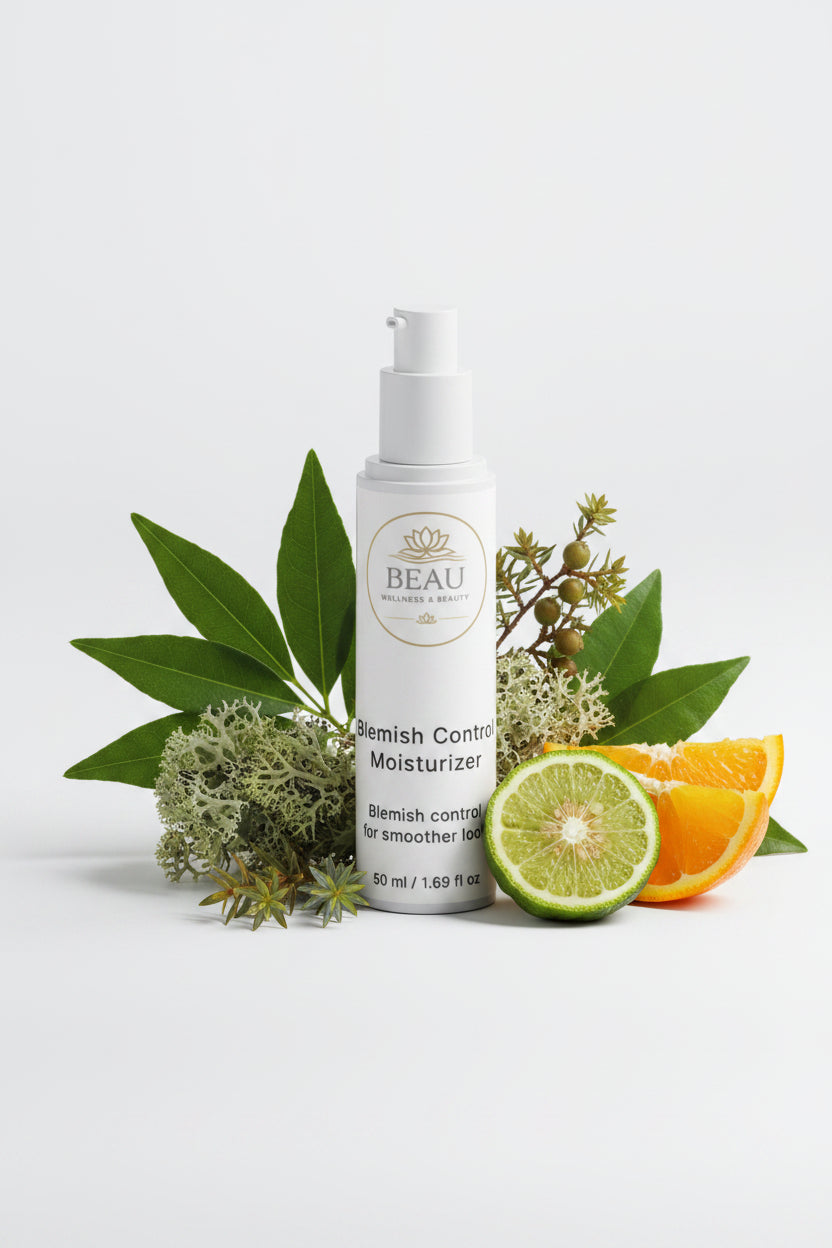 Beau Wellness & Beauty Blemish Control Moisturizer with iceland moss, mate leaf, juniper callus and citrus fruits