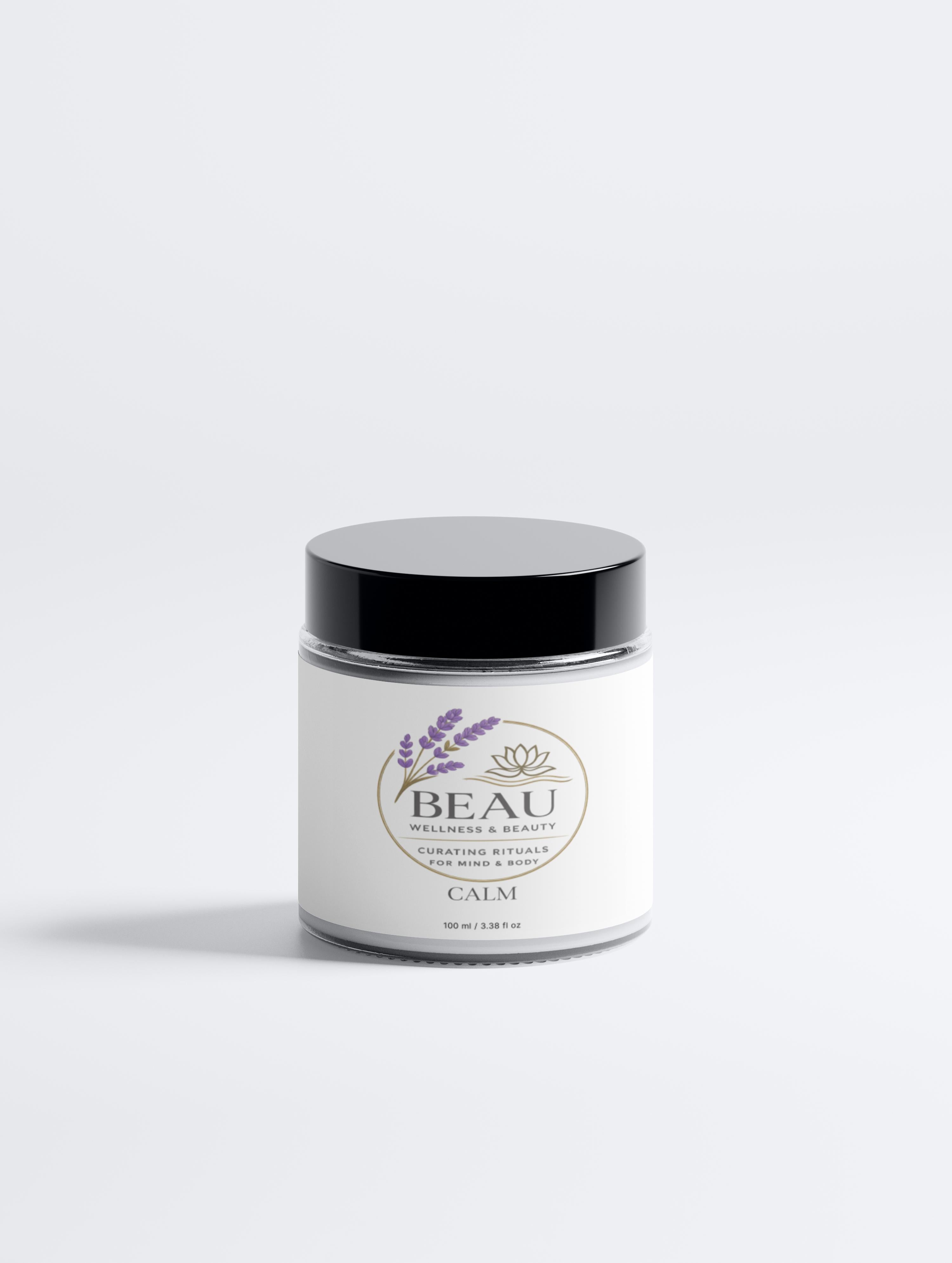 Minimalist white glass jar of BEAU Calm Ritual Lavender Candle with a black lid and floral botanical illustration.