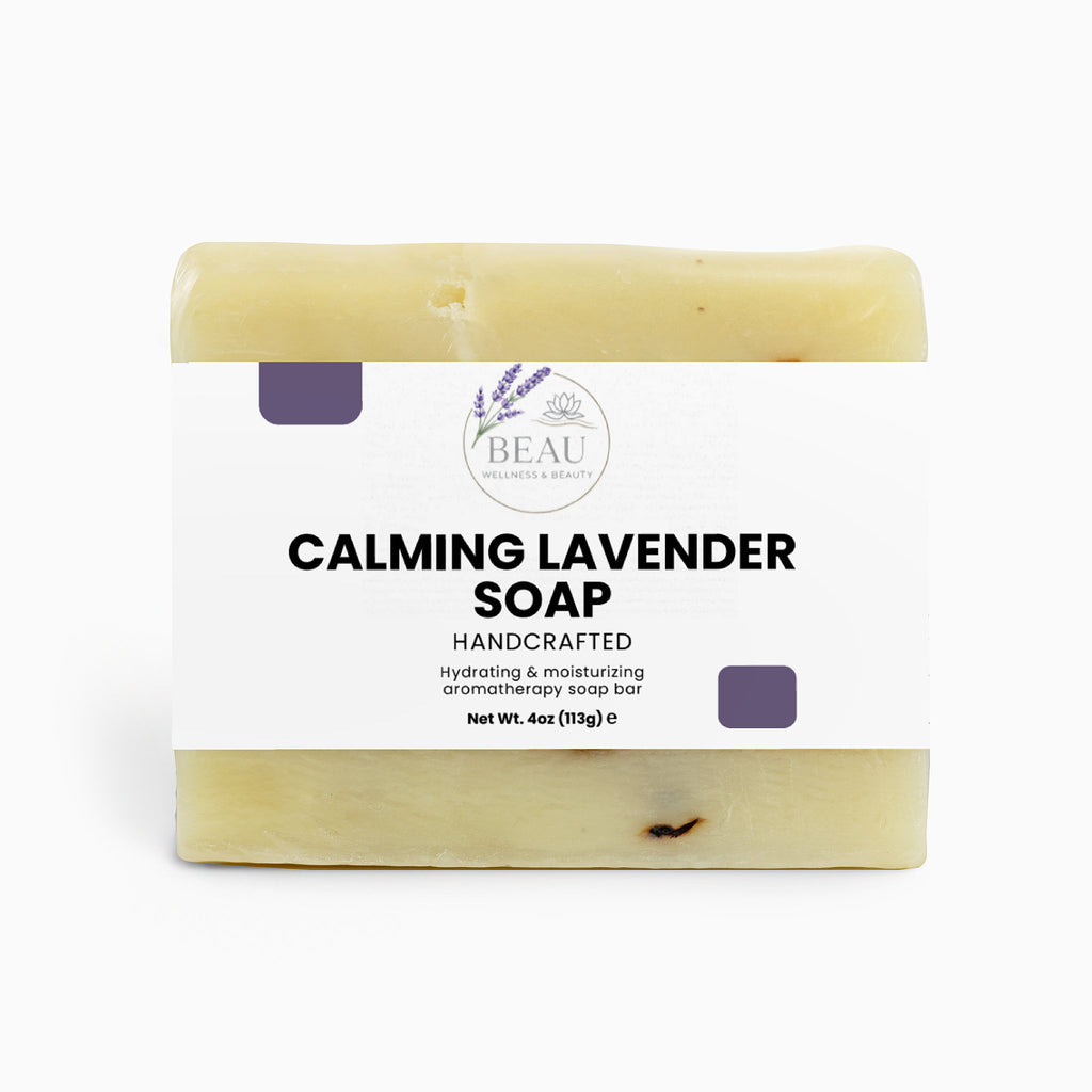 Calming lavender handcrafted soap bar with packaging on a white background
