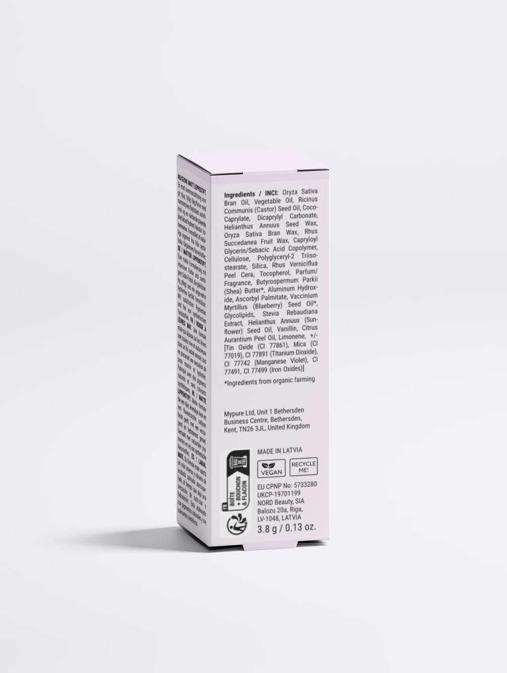 Lavender box of Beau Beauty Matte dusty rose lipstick with black text on a light lavender background