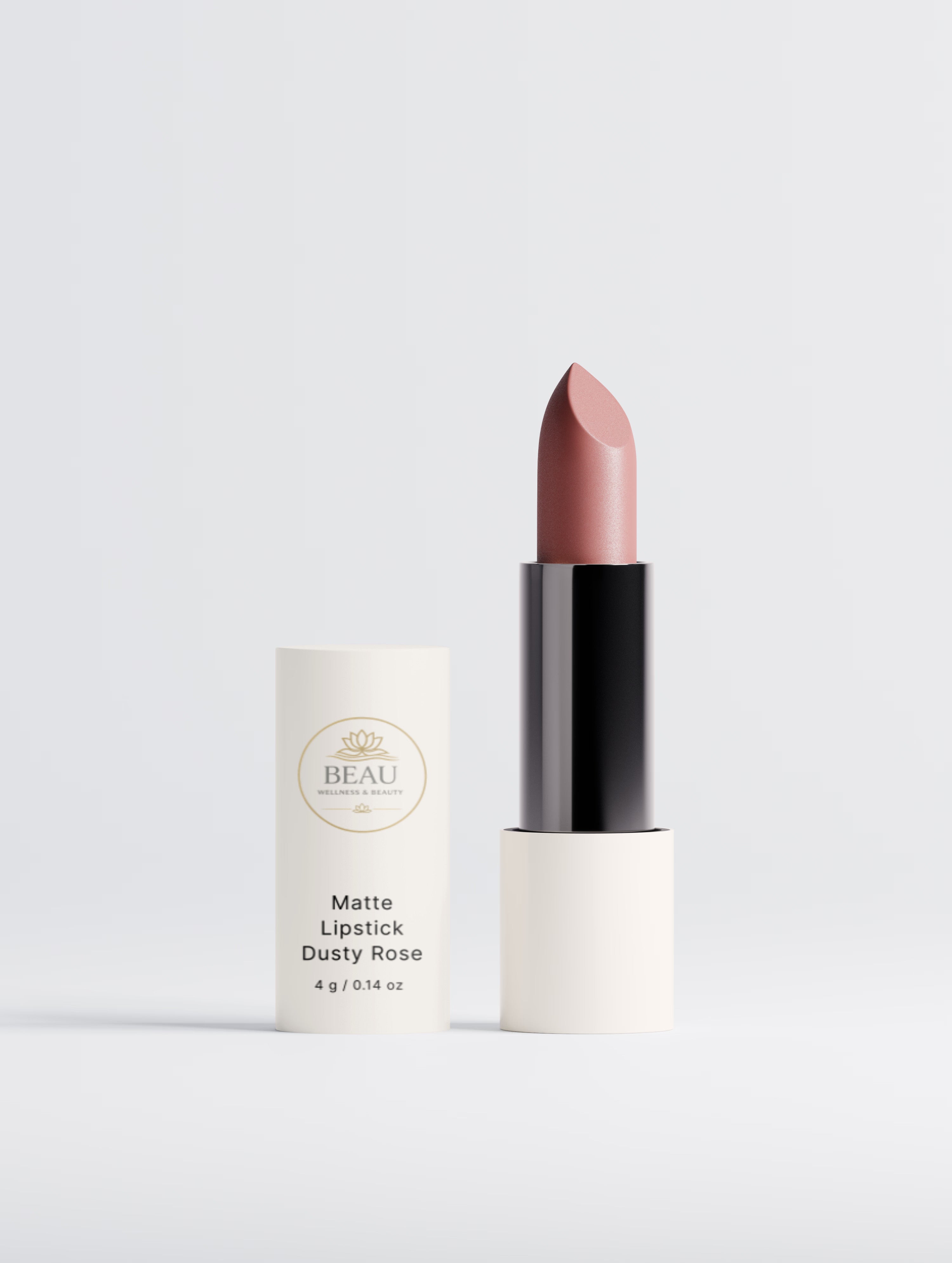 Clean Vegan matte lipstick -dusty rose Lipstick with Beau Wellness & Beauty packaging on a light gray background
