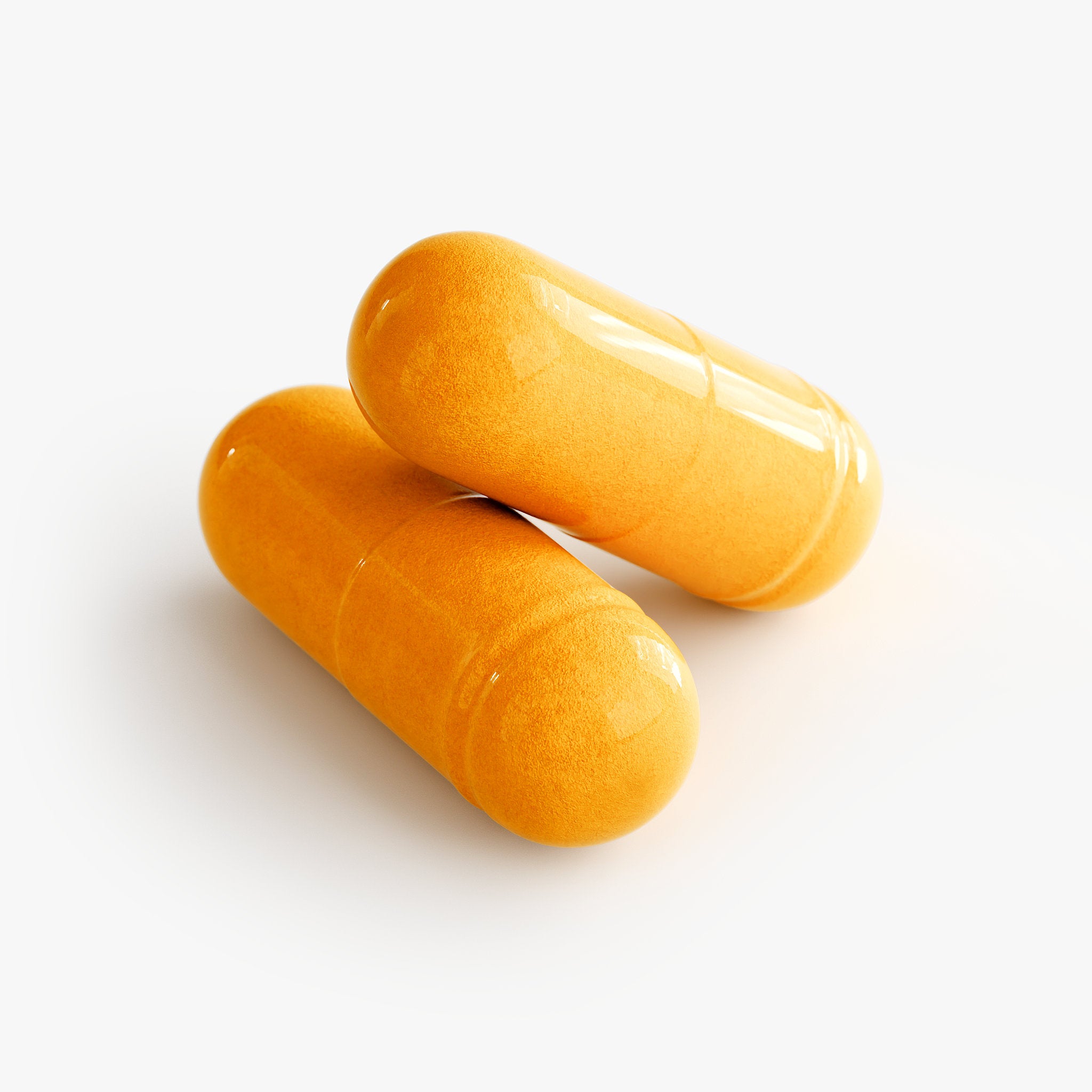 Two orange Beau Wellness coq10-ubiquinone capsules on a white background