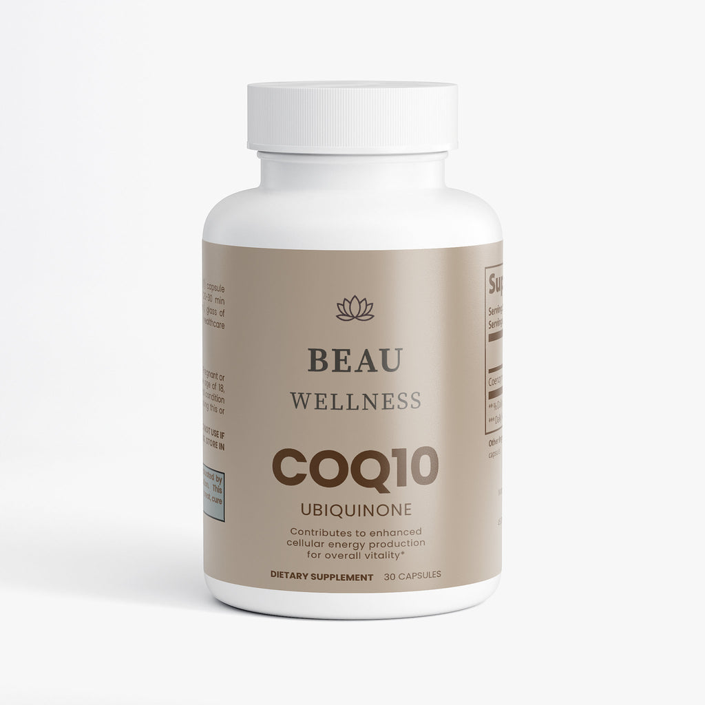 Supplement bottle labeled 'BEAU WELLNESS COQ10 Ubiquinone' on a white background