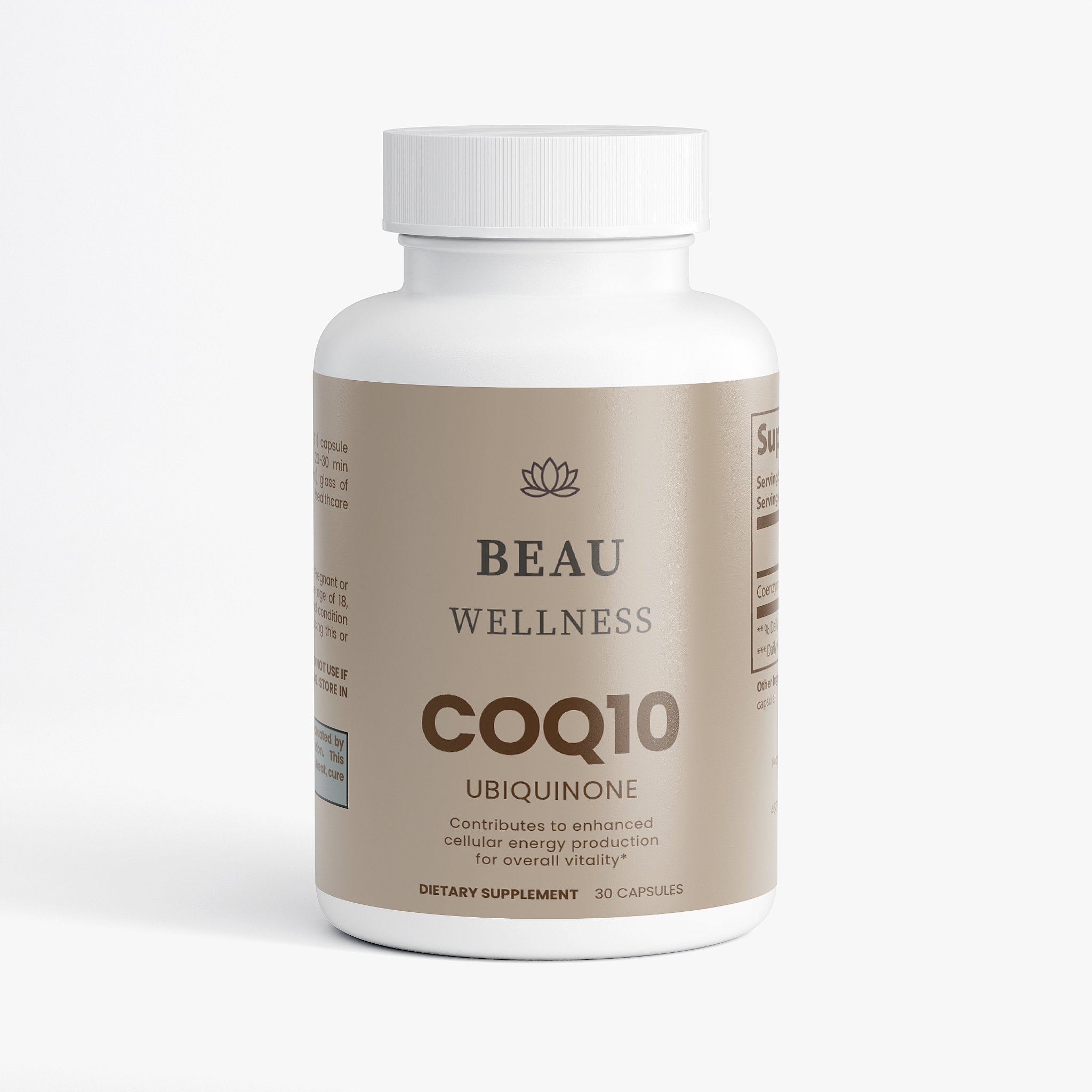 Supplement bottle labeled 'BEAU WELLNESS COQ10 Ubiquinone' on a white background