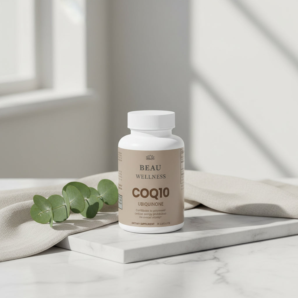 Three bottles of BEAU WELLNESS coq10-ubiquinone capsules on a white background