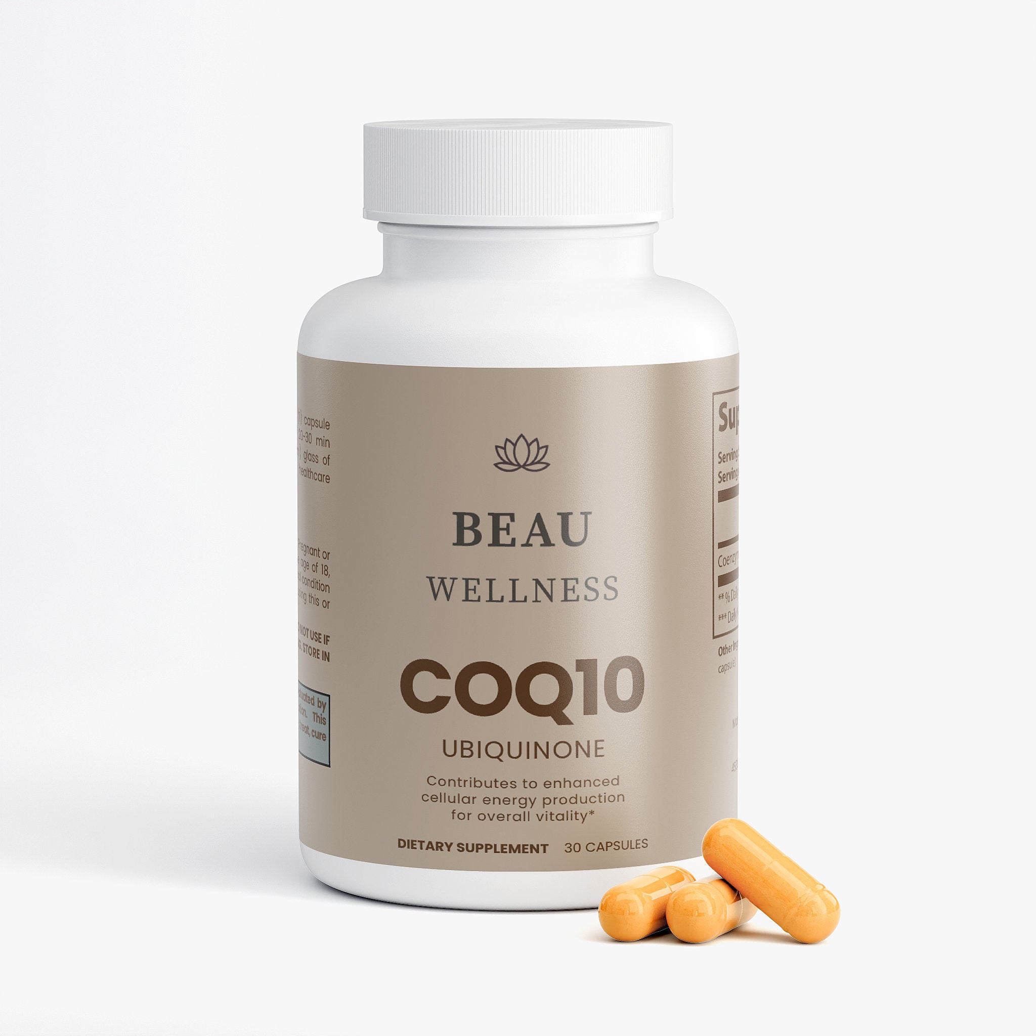 Supplement bottle labeled coq10-ubiquinone capsules by Beau Wellness on a white background
