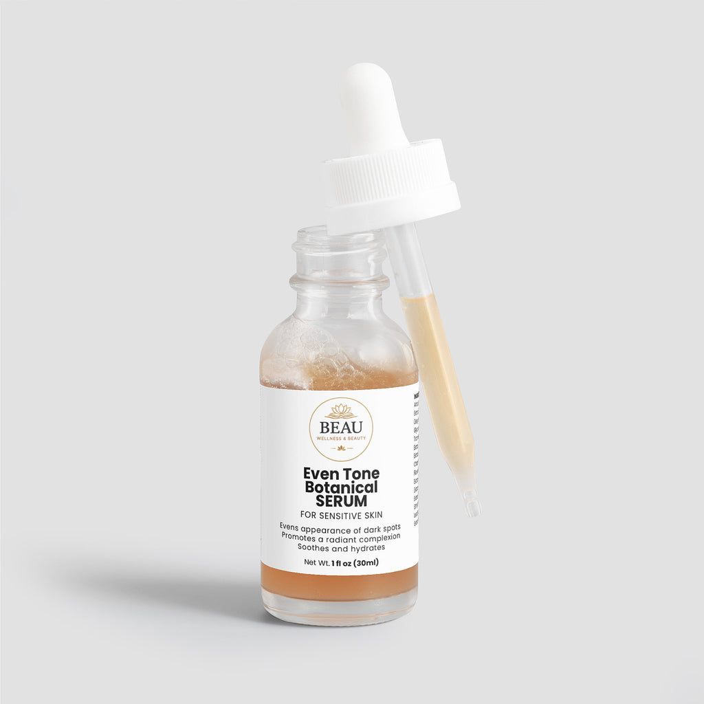 Beau Wellness and Beauty Even Tone Botanical Serum for Sensitive Skin. A gluten free and vegan, gentle brightening formula powered by Jackfruit, adaptogenic mushrooms, and sea fennel to target dark spots without irritation.