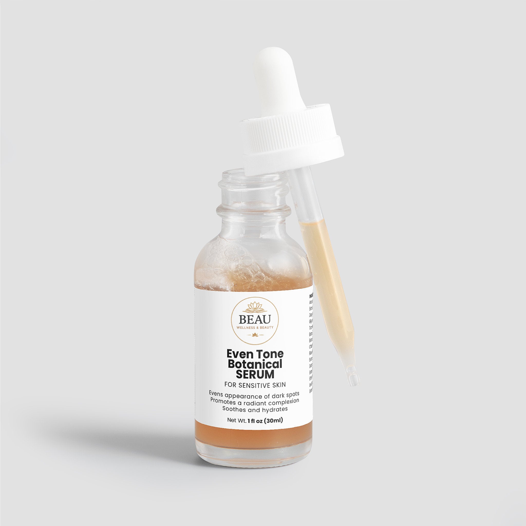 Beau Wellness and Beauty Even Tone Botanical Serum for Sensitive Skin. A gluten free and vegan, gentle brightening formula powered by Jackfruit, adaptogenic mushrooms, and sea fennel to target dark spots without irritation.