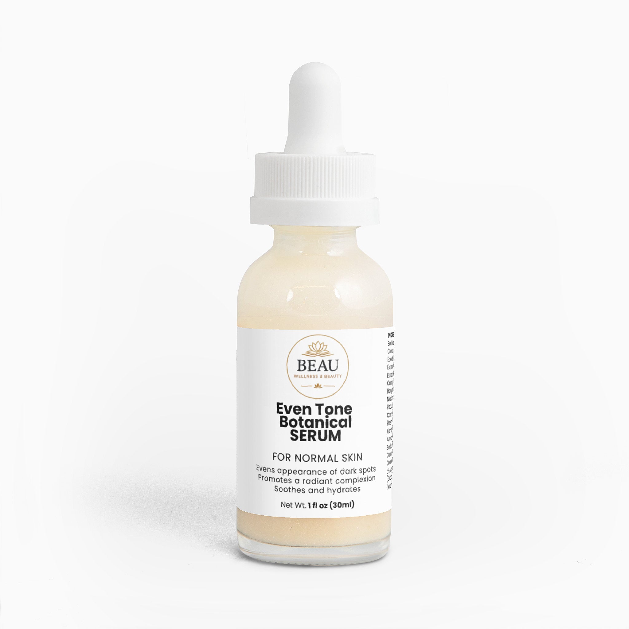 Even Tone Botanical Serum for normal skin.  high-performance brightening serum featuring kojic Acid, Niacinamide, and antioxidant-rich pomegrante seed oil