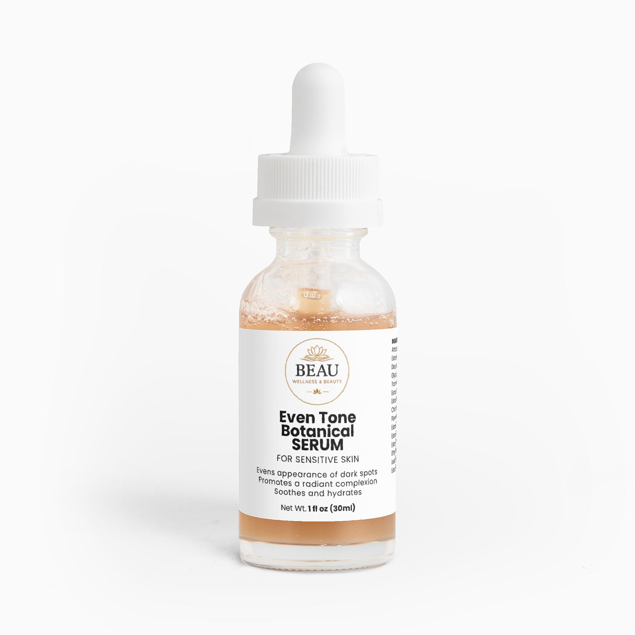 Beau Wellness and Beauty Even Tone Botanical Serum for Sensitive Skin. A gentle, gluten-free, vegan dark spot treatment with Jackfruit, sea fennel and adaptogenic mushrooms.