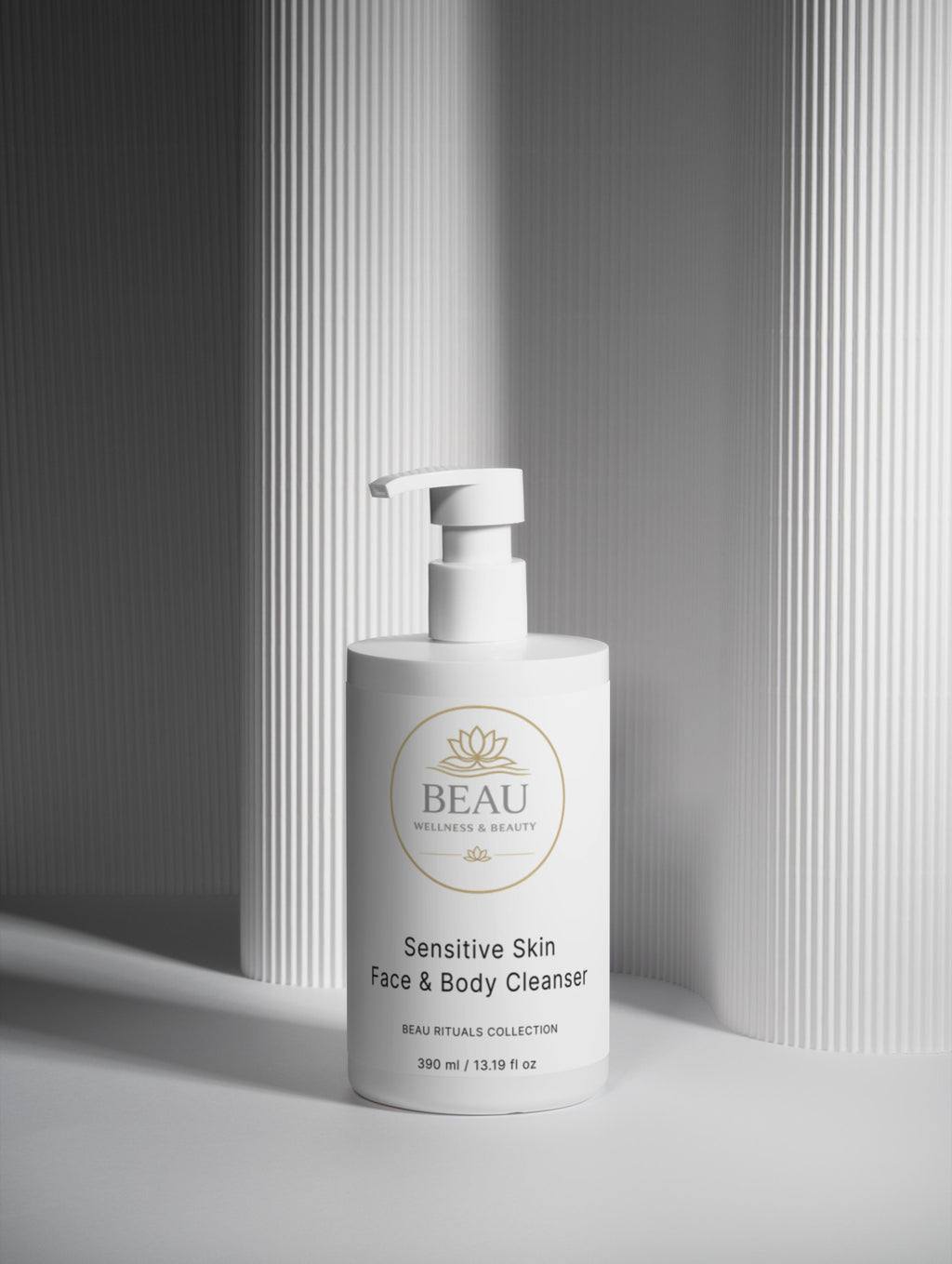 White pump bottle of Sensitive Skin Face & Body Cleanser on a gray background