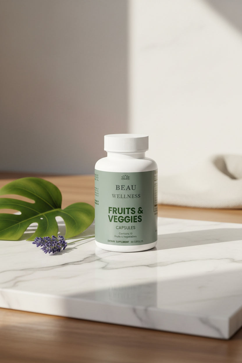 Three bottles of BEAU Wellness Fruits & Veggies capsules on a white background
