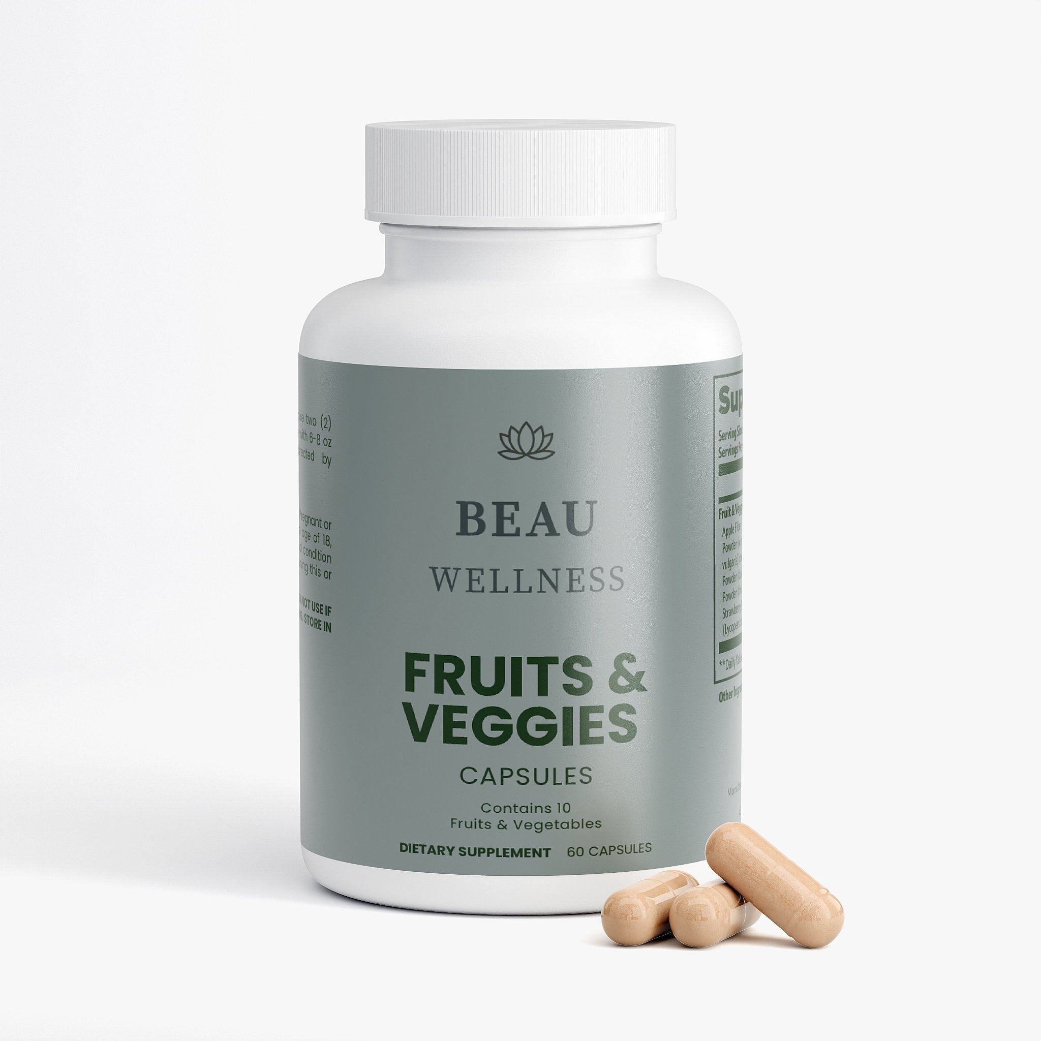 Supplement bottle labeled 'BEAU WELLNESS Fruits & Veggies' with capsules on a white background