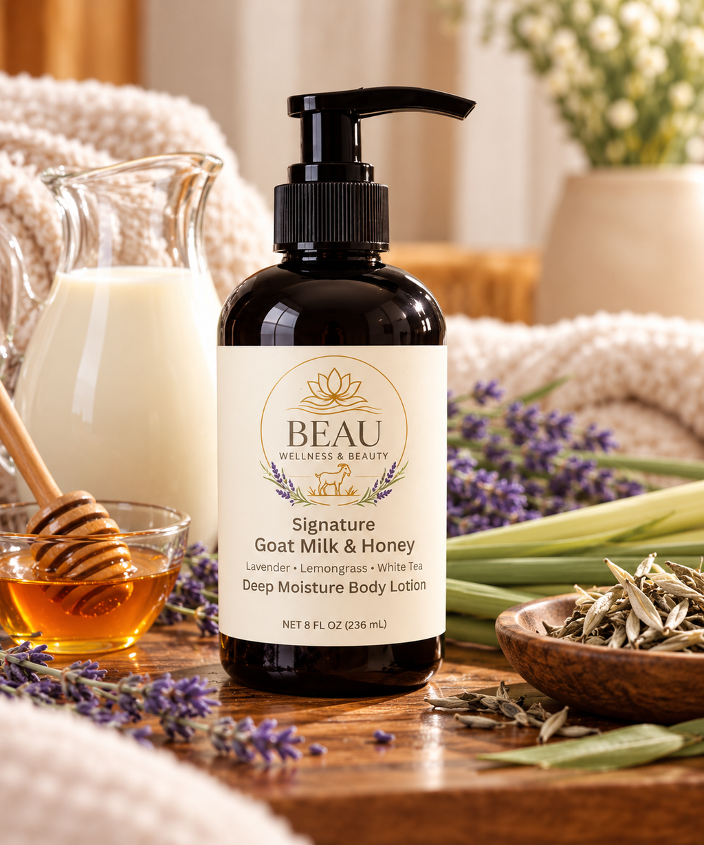 Beau Wellness & Beauty Signature Goat Milk & Honey Body Lotion, Lavender, Lemongrass & White Tea