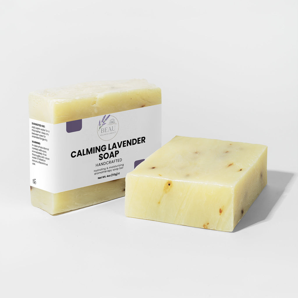 Calming Lavender soap bar handcrafted with packaging on a white background