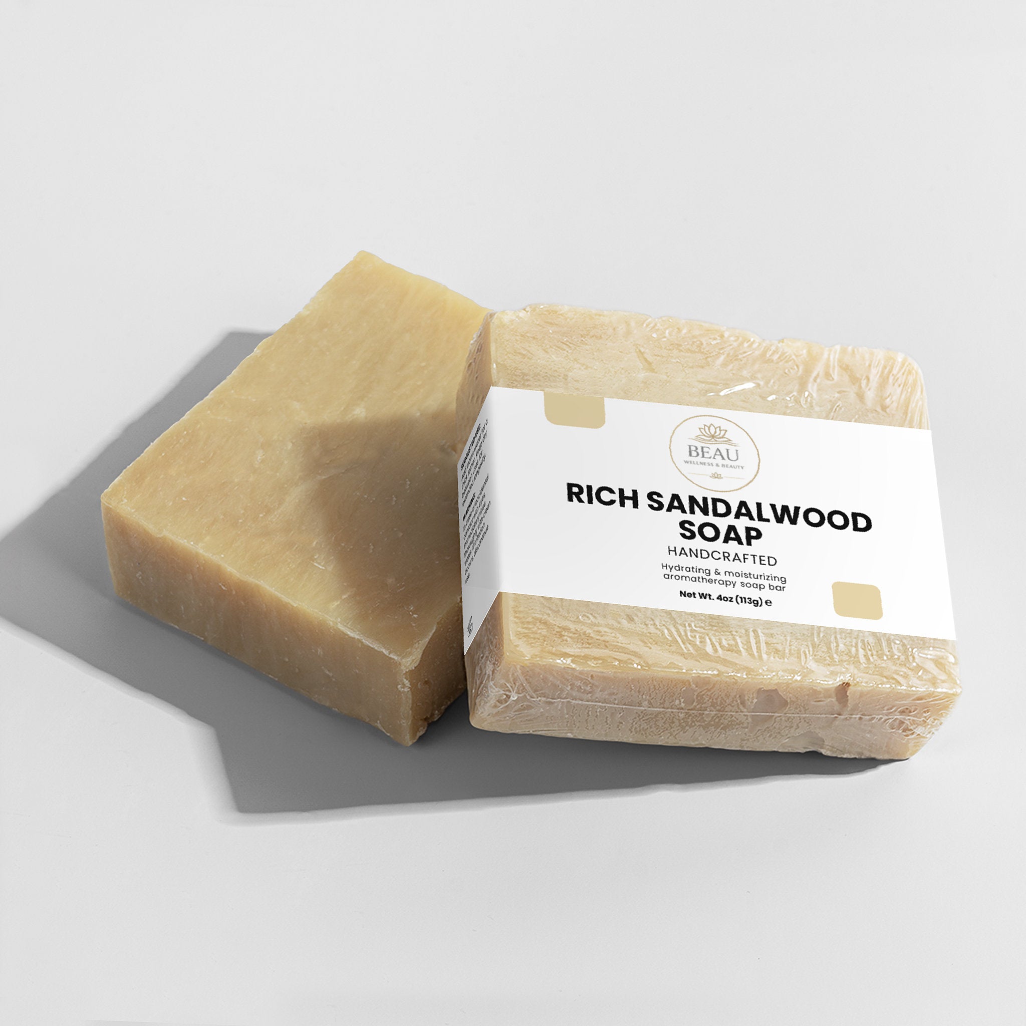 Handcrafted Rich Sandalwood Soap with a label on a gray background