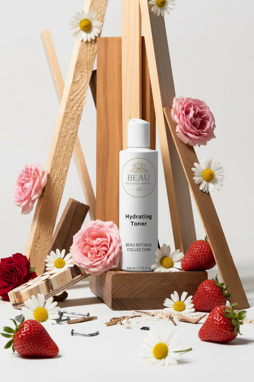 Skincare bottle labeled 'Beau Wellness & beauty Hydrating Toner' on a wooden stand with natural elements and flowers and strawberries.