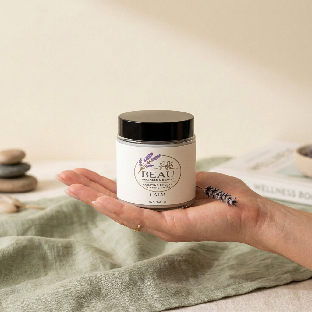 BEAU Calm Ritual Candle held in an open palm with nude-pink manicured nails against cream and sage surroundings.