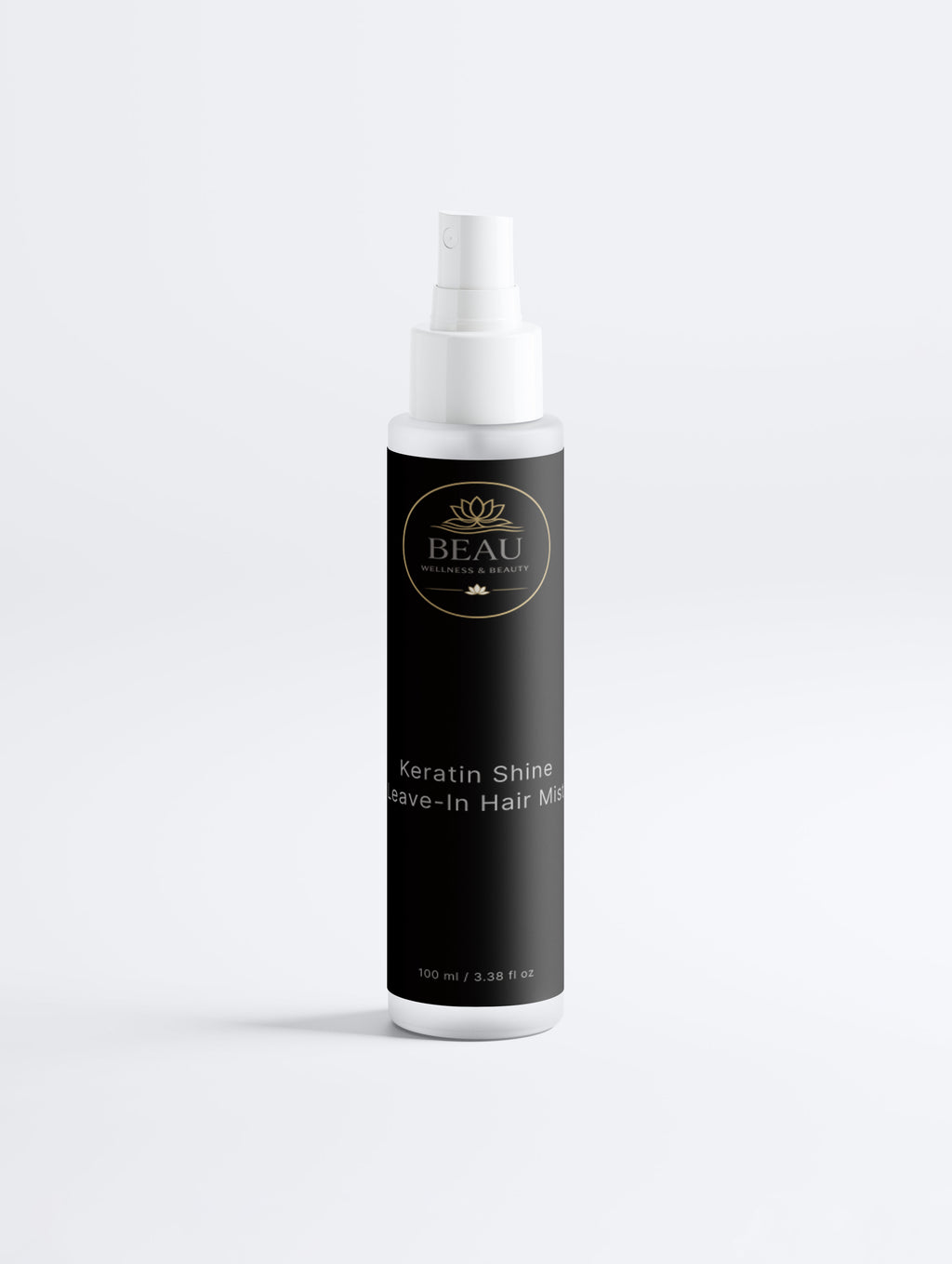 Bottle of Beau Keratin Shine Leave-In Hair Mist on a white background