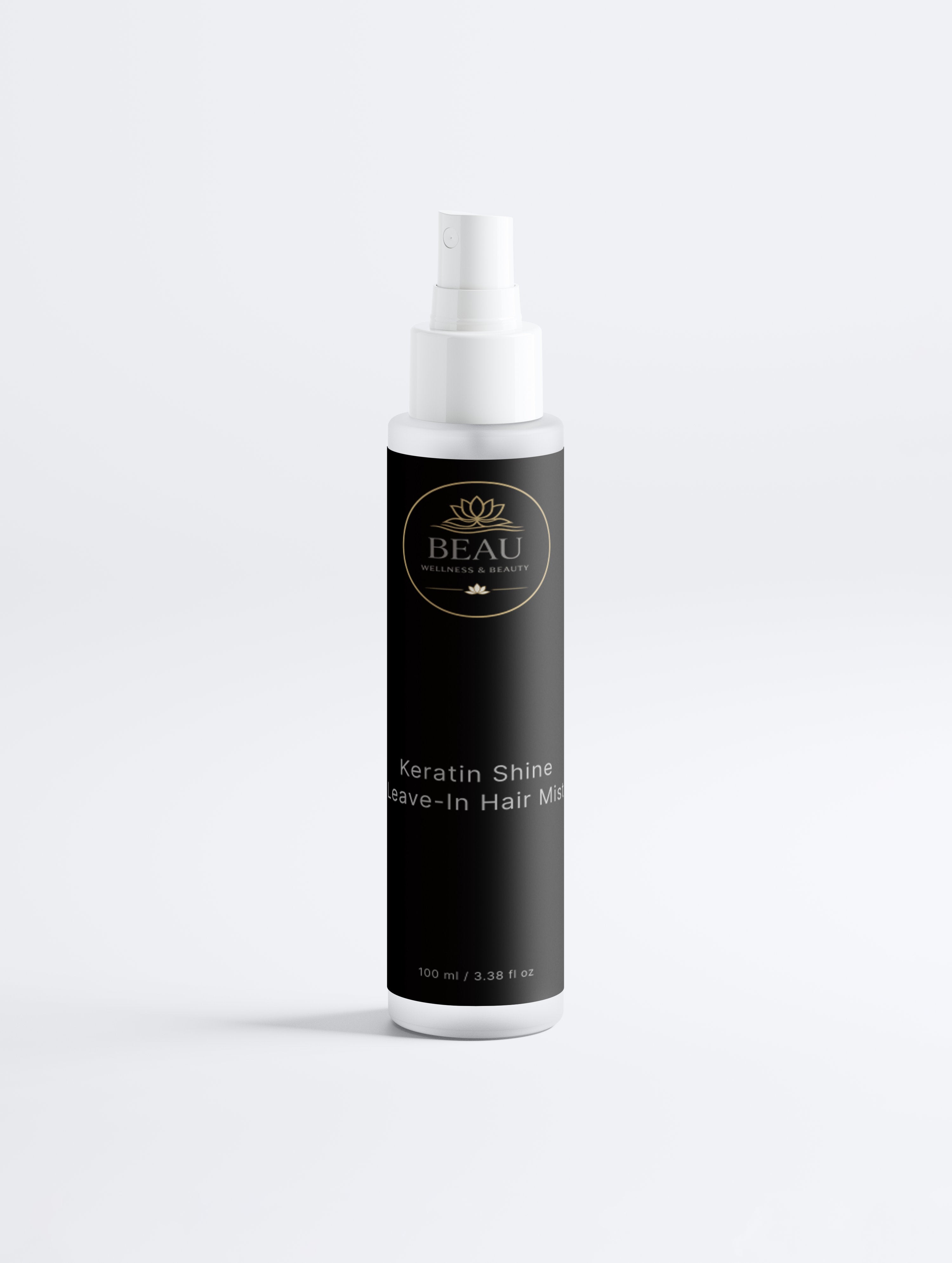 Bottle of Beau Keratin Shine Leave-In Hair Mist on a white background