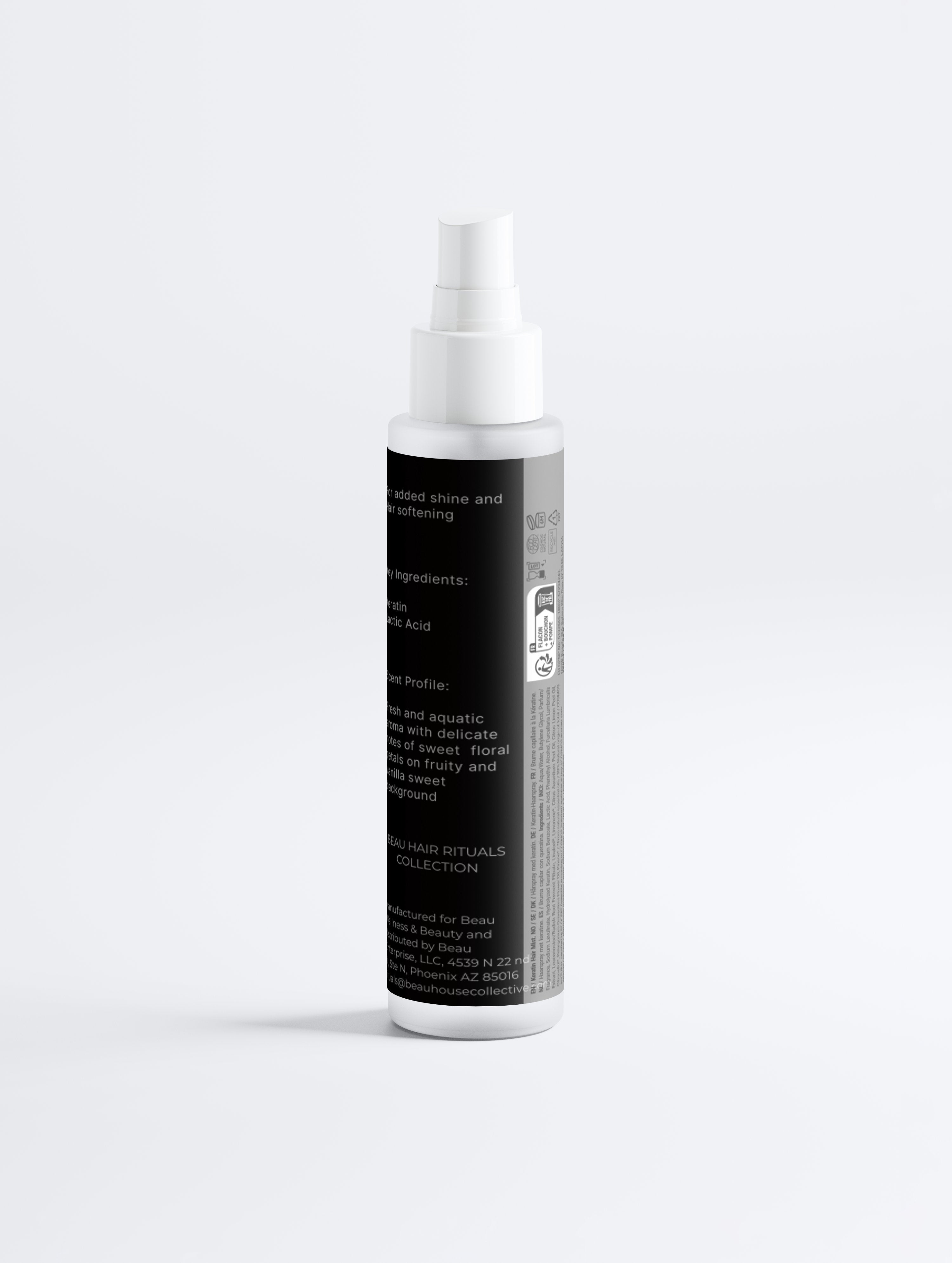 Beau Wellness & Beauty Keratin Shine  leave-in Hair Mist bottle with a black label on a white background