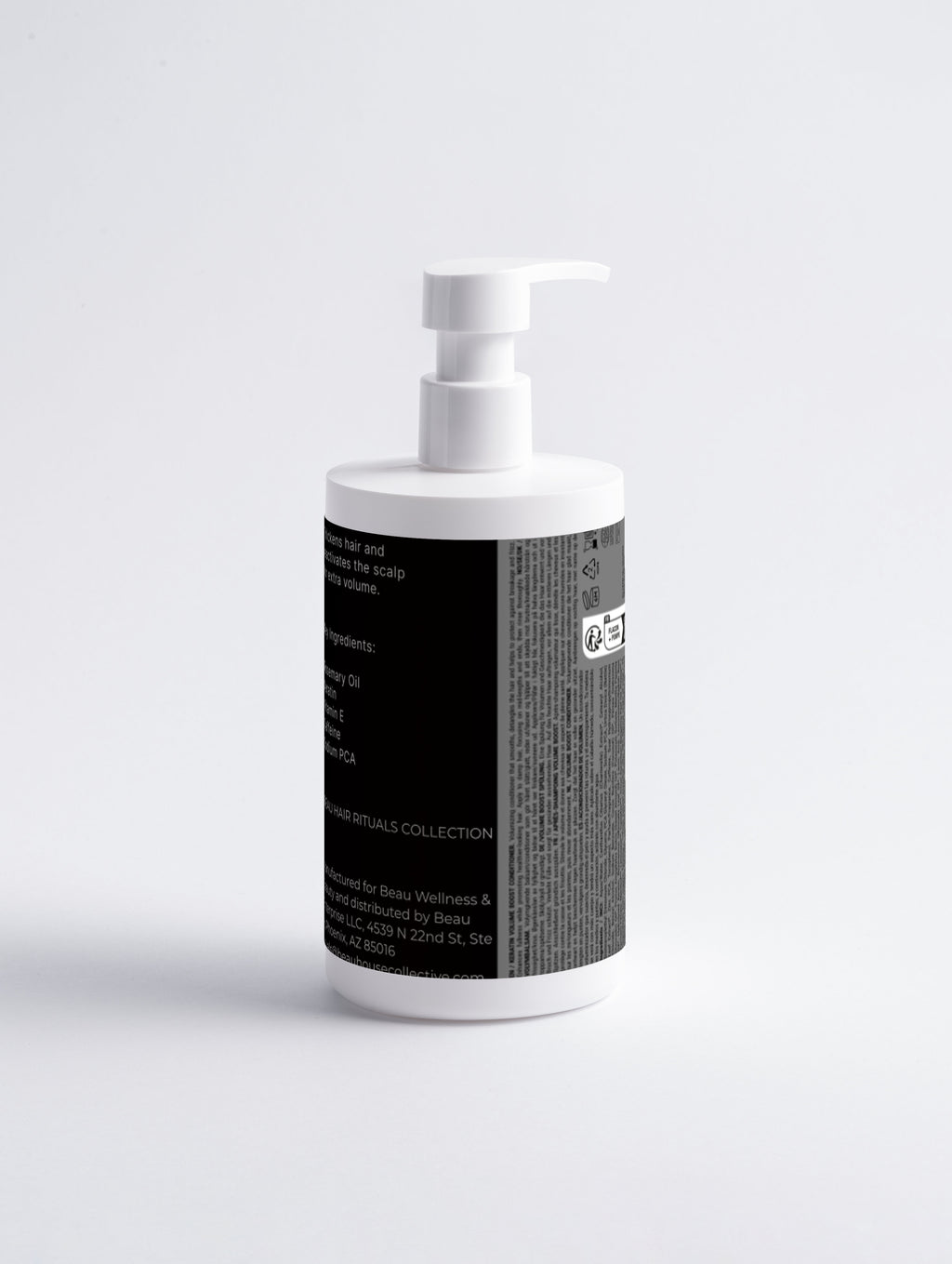 Beau Wellness & Beauty Keratin Volume Boost Conditioner in a white pump bottle, formulated with rosemary oil and caffeine for thinning hair. Displaying the back of bottle ingredients and text.
