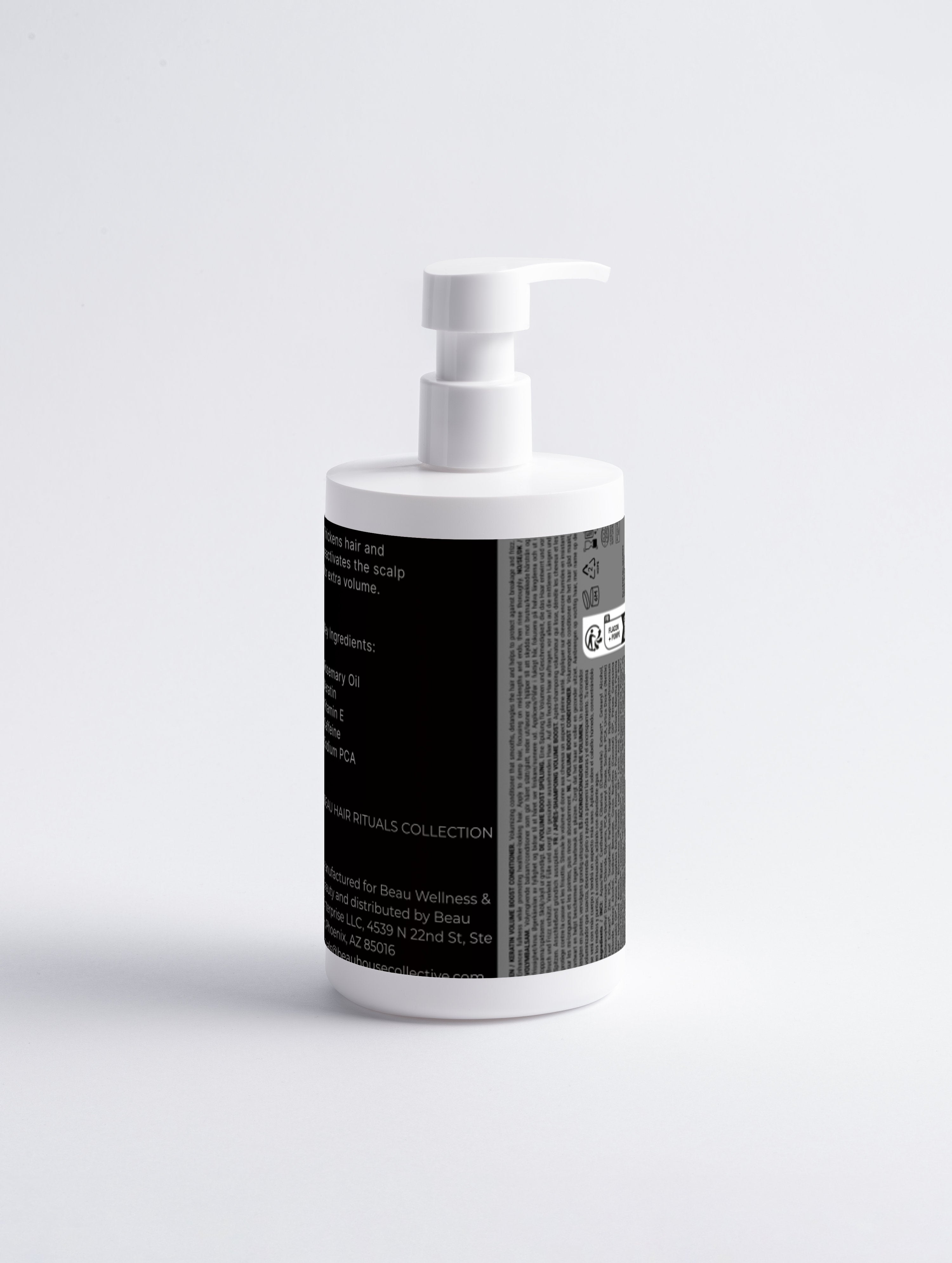 Beau Wellness & Beauty Keratin Volume Boost Conditioner in a white pump bottle, formulated with rosemary oil and caffeine for thinning hair. Displaying the back of bottle ingredients and text.