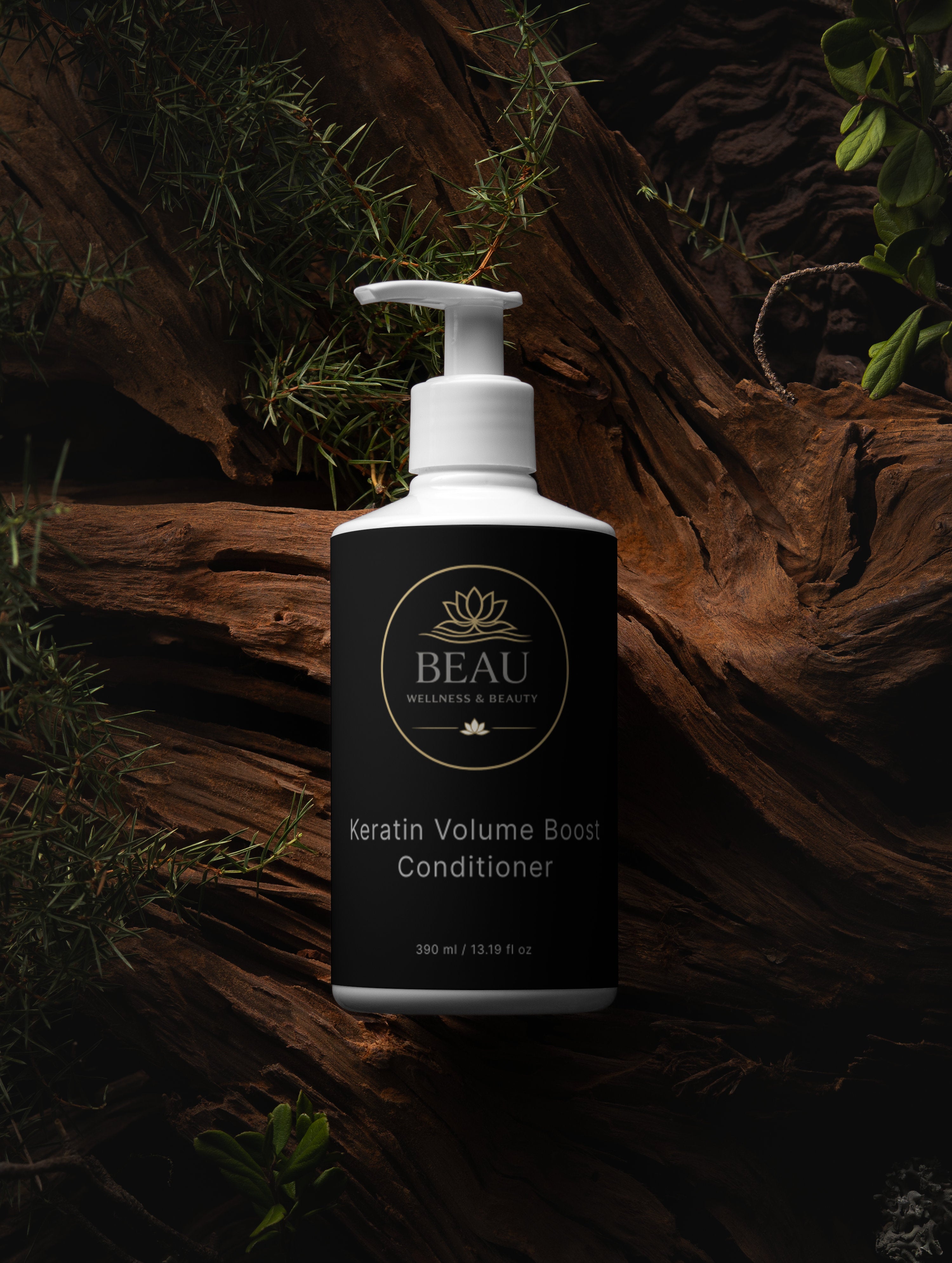 Beau Wellness & Beauty Keratin Volume Boost Conditioner in a white pump bottle, formulated with rosemary oil and caffeine for thinning hair in a wooded background with fresh rosemary.