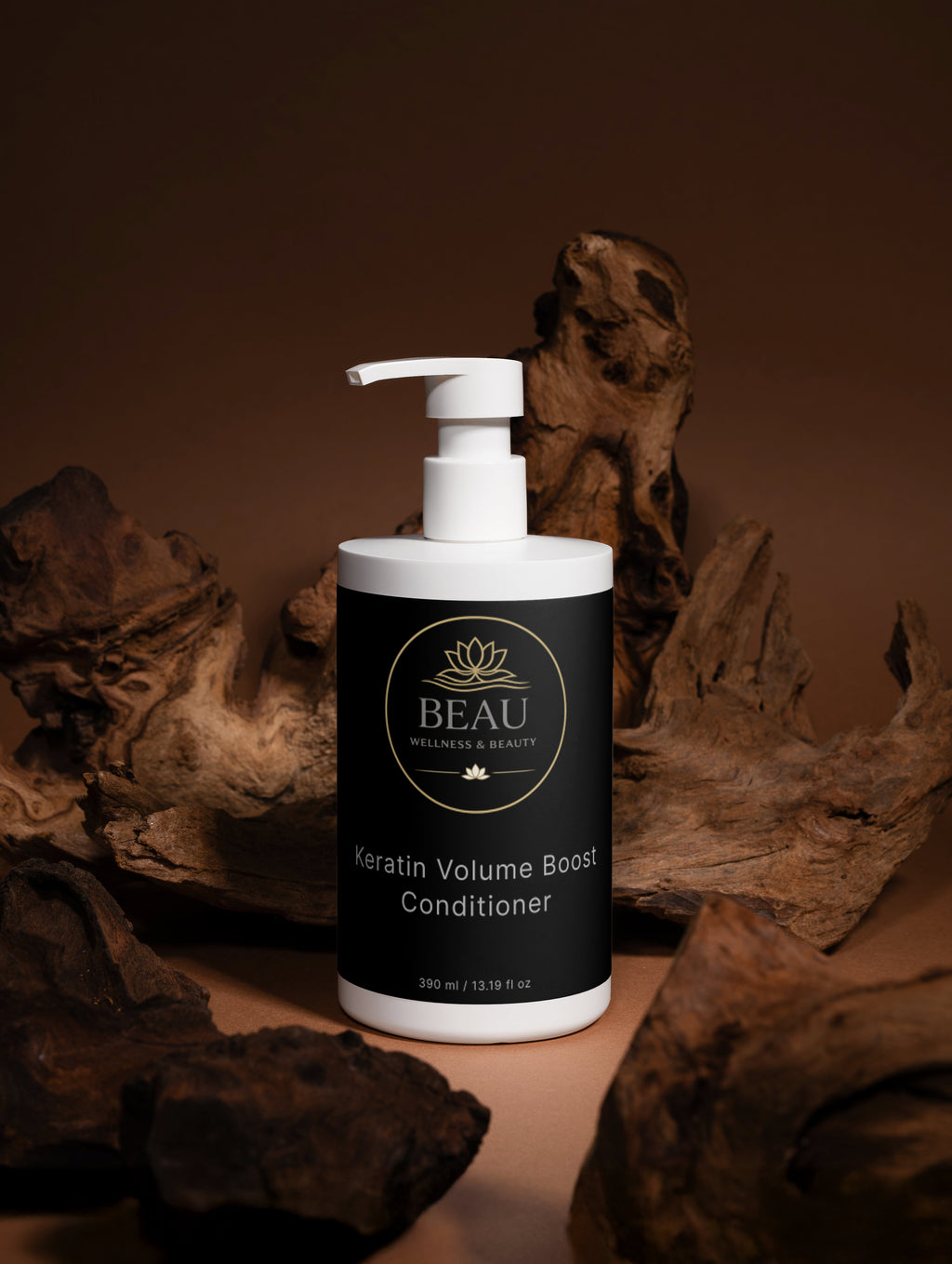 Beau Wellness & Beauty Keratin Volume Boost Shampoo bottle with pump on a brown background